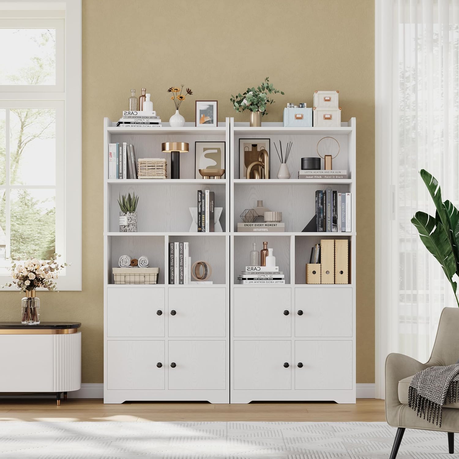 IRONCK Bookshelf and Bookcase with Doors, Floor Standing 6 Tiers Display Storage Shelves, Wooden Storage Cabinet for Bedroom, Living Room, Office, White