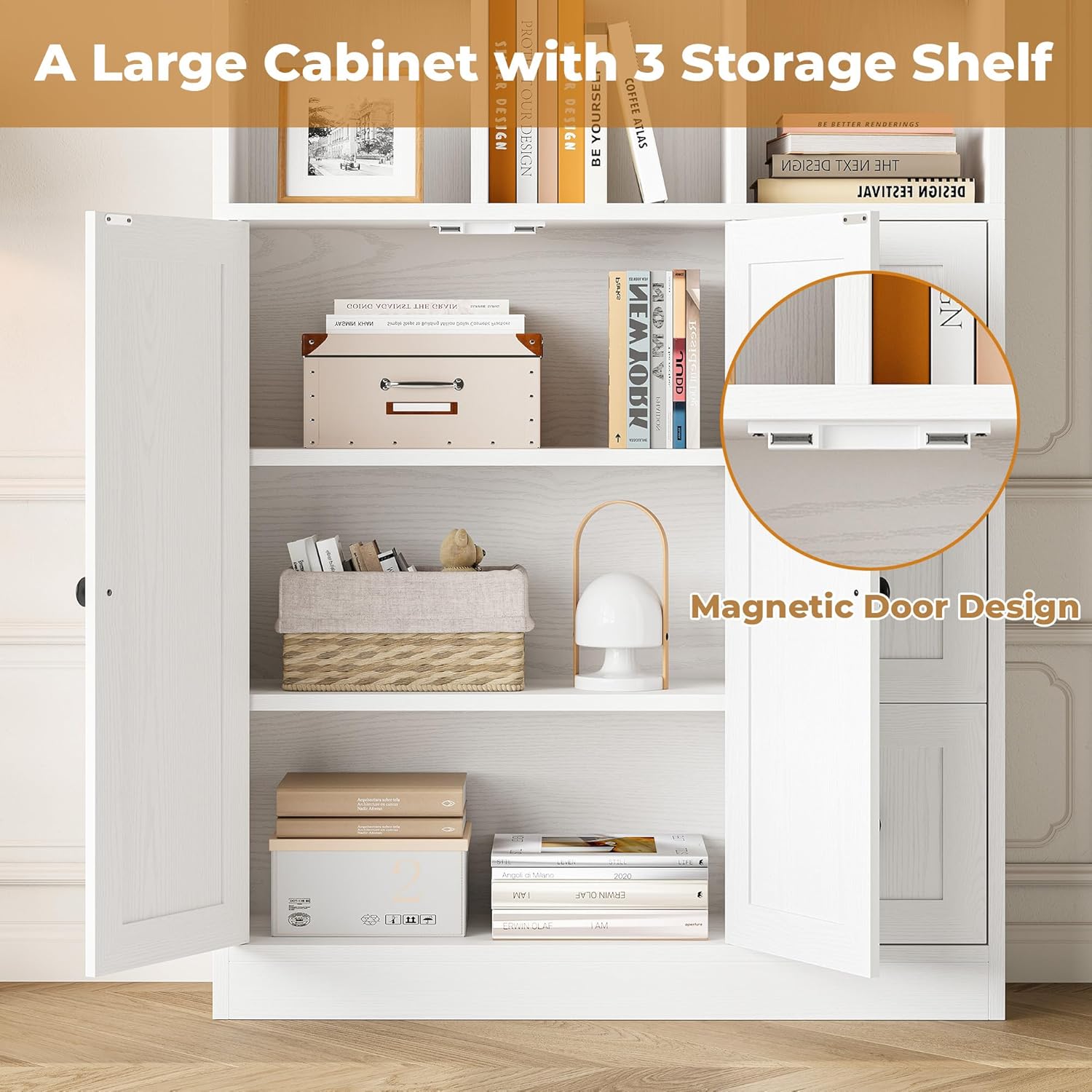 IRONCK 71" Tall Bookshelf and Bookcase with Cabinet and 3 Drawers, 7 Tier Bookshelves with Doors and Open Shelves for Living Room, Home Office, White