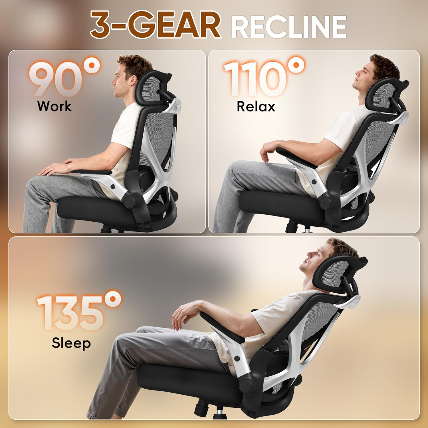 GABRYLLY Ergonomic Office Chair, Big and Tall Mesh Chair with Adjustable Lumbar Support, 5D Arms & Wide Seat, 135° Recline Home Desk Computer Chairs for Work Gaming, Heavy Duty,400LBS - Black