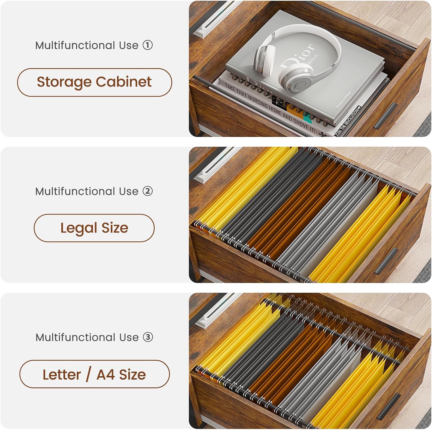 SEDETA L Shaped Office Desk, 66" Corner L Shaped Computer Desk with Wood File Drawer & Power Outlet for Home Office, Gaming Table with Led Lights, Monitor Shelf, Printer Storage Shelves, Rustic Brown