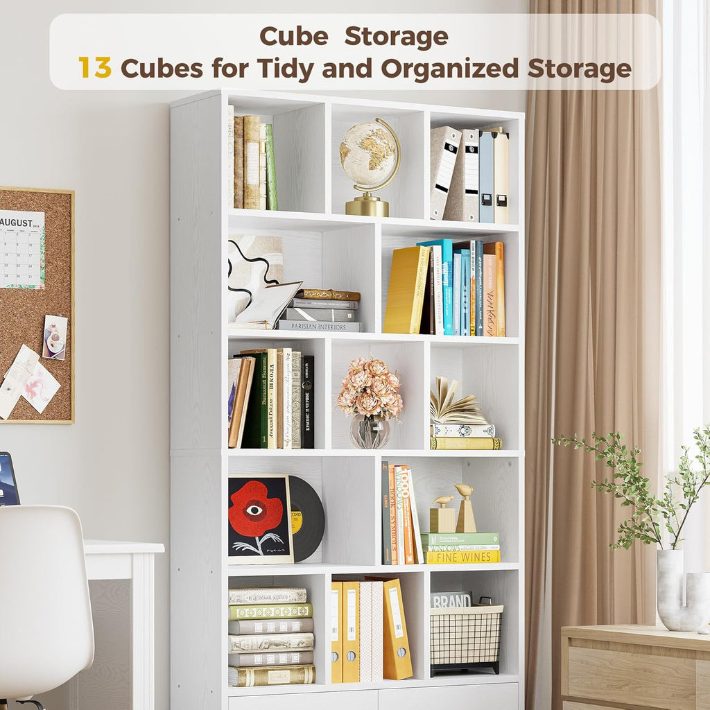 IRONCK 71" Tall Bookcases with 2 Doors, 6-Tier 13 Cubes Modern Bookshelf with Storage Shelves for Living Room Home Office, White