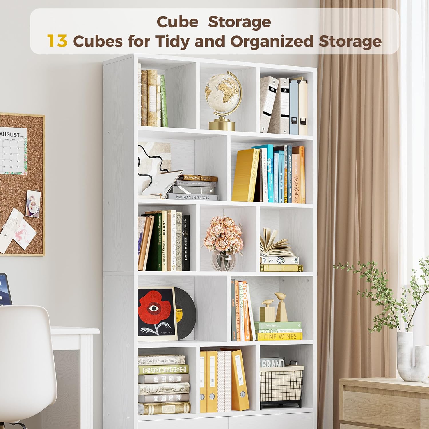 IRONCK 71" Tall Bookcases with 2 Doors, 6-Tier 13 Cubes Modern Bookshelf with Storage Shelves for Living Room Home Office, White