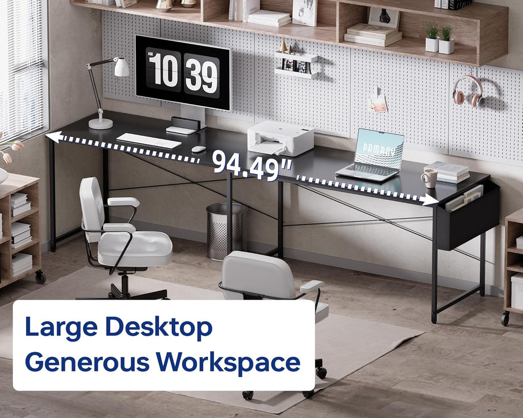 Pamray 64.5 Inch Reversible L Shaped Gaming Desk Large Corner Computer Desk with Storage Bag Home Office Table for Writing Study White