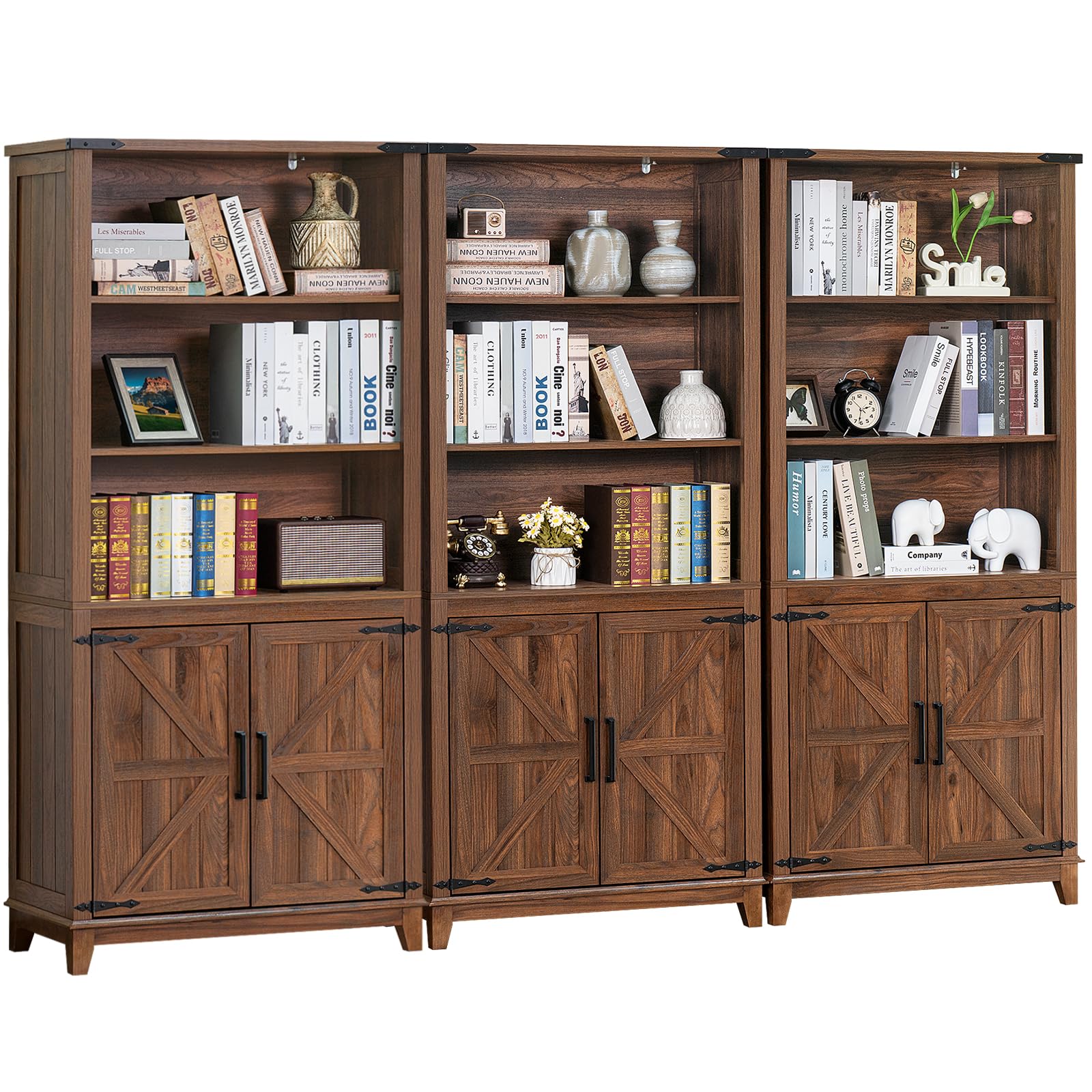 Joaxswe 70in Tall Bookshelf 5 Tier Bookcase with Barn Doors and Adjustable Shelves, Black Farmhouse Book Shelf with Storage Cabinet, Wood Freestanding Display Bookshelves for Bedroom, Living Room