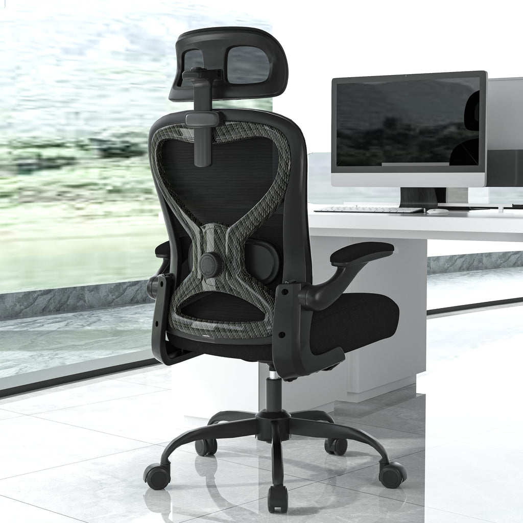 Office Chair for Back & Neck Pain Relief, Virgin Foam Seat, 2D Adjustable Lumbar & 3D Headrest, Flip-Up Armrests, Tilt & Rock for Relaxation, Black/Silver