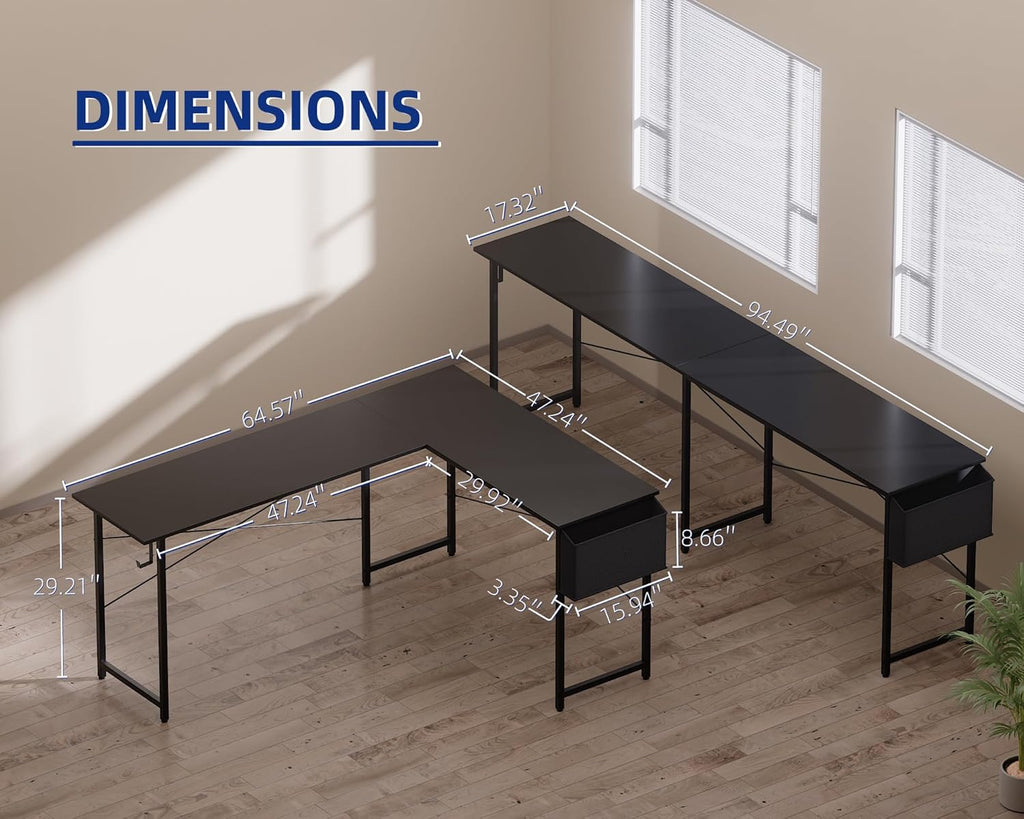 Pamray 64.5 Inch Reversible L Shaped Gaming Desk Large Corner Computer Desk with Storage Bag Home Office Table for Writing Study White