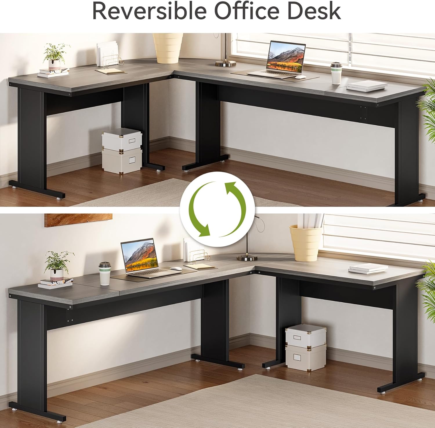 LITTLE TREE 82.67" Long Executive Desk with Drawers, Large L-Shaped Office Desk with Mobile File Cabinet, Farmhouse Computer Office Furniture Work Desk with Storage for Home Office, Gray