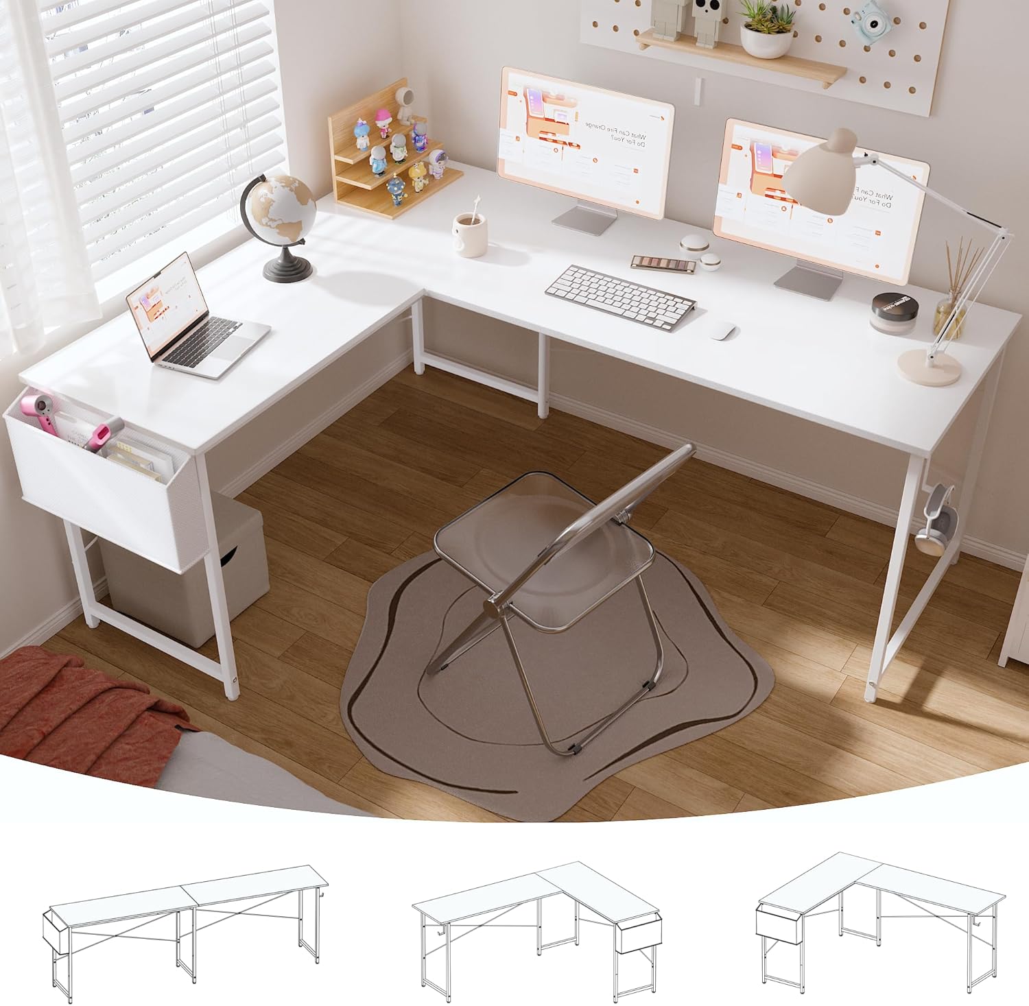 Pamray 64.5 Inch Reversible L Shaped Gaming Desk Large Corner Computer Desk with Storage Bag Home Office Table for Writing Study White