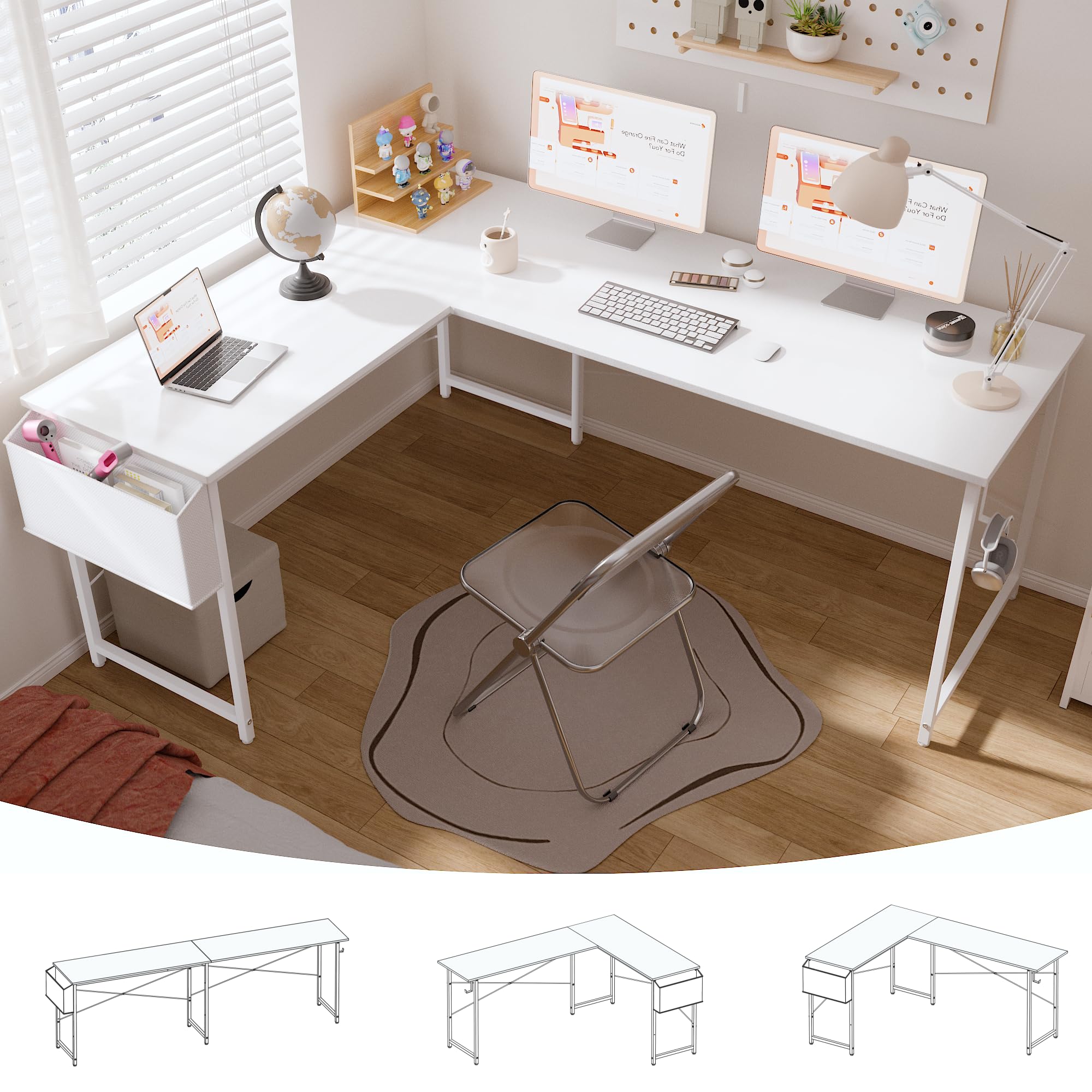 Pamray 64.5 Inch Reversible L Shaped Gaming Desk Large Corner Computer Desk with Storage Bag Home Office Table for Writing Study White