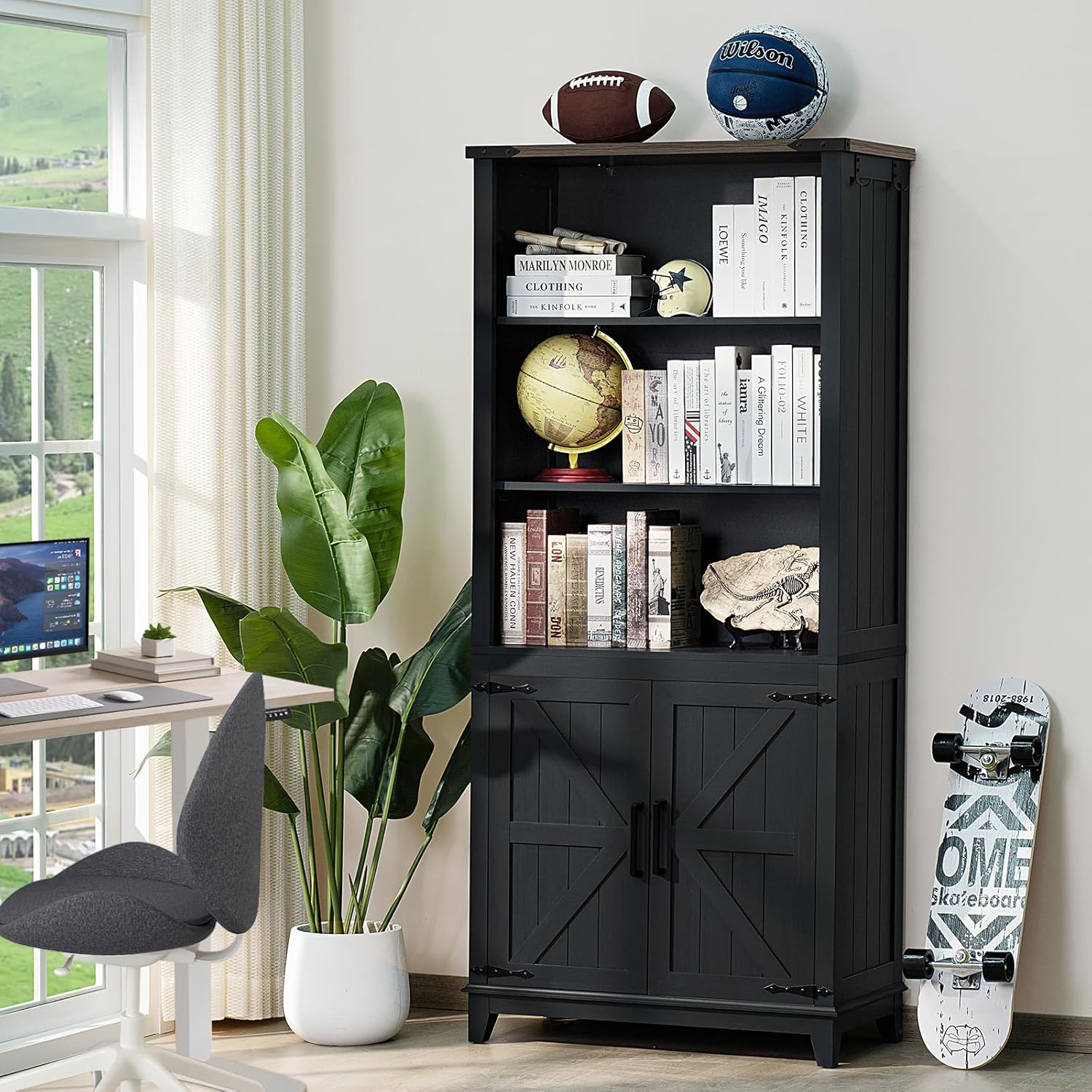 Joaxswe 70in Tall Bookshelf 5 Tier Bookcase with Barn Doors and Adjustable Shelves, Black Farmhouse Book Shelf with Storage Cabinet, Wood Freestanding Display Bookshelves for Bedroom, Living Room