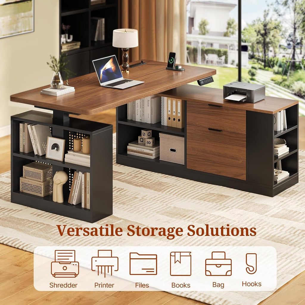 UPOSOJA L Shaped Standing Desk Adjustable Height, 53" Electric Office Desk with File Drawers & Storage Shelves, Sit Stand Corner Computer Desk with Power Outlets, Pegboard, 6 Hooks, Black & Walnut