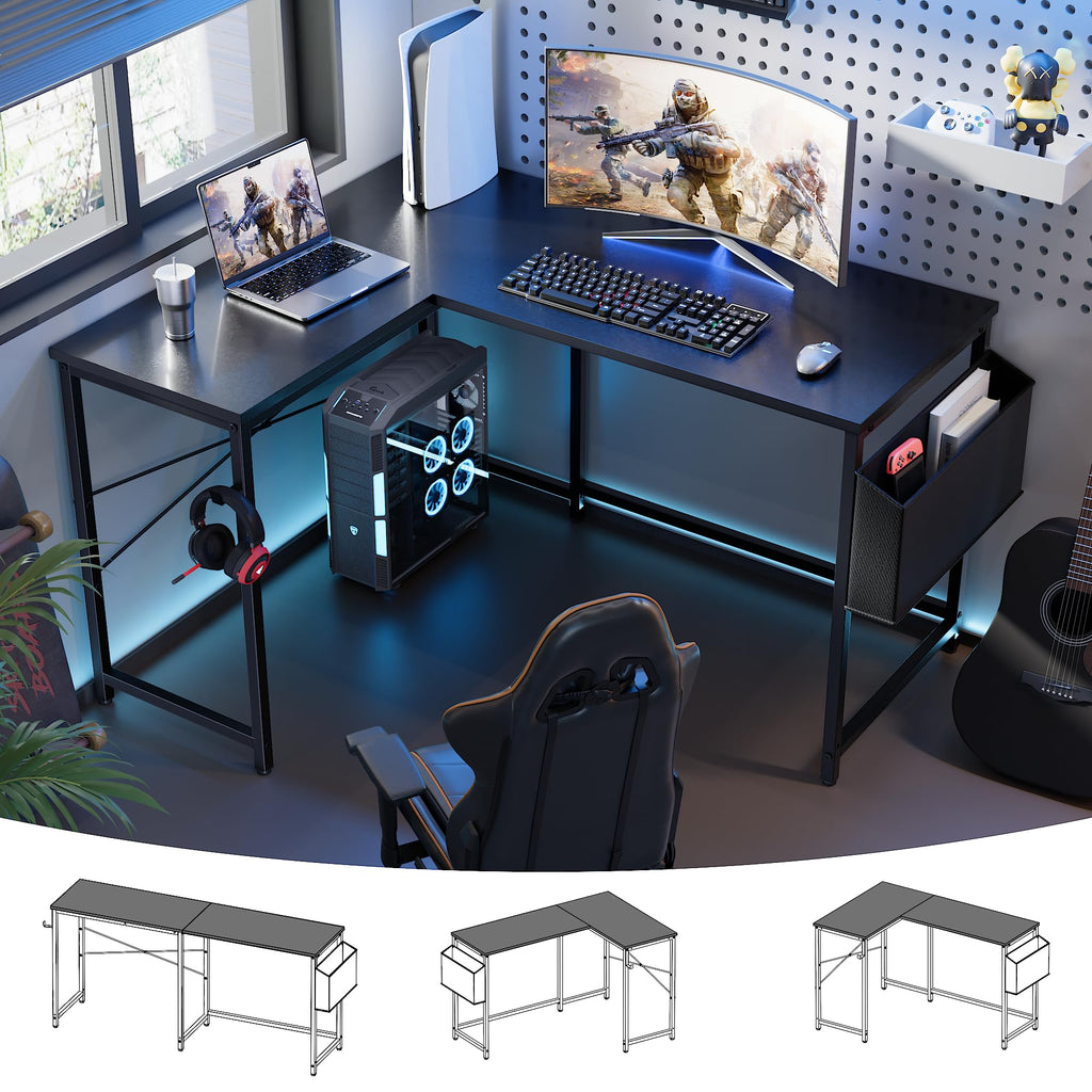 Pamray 64.5 Inch Reversible L Shaped Gaming Desk Large Corner Computer Desk with Storage Bag Home Office Table for Writing Study White