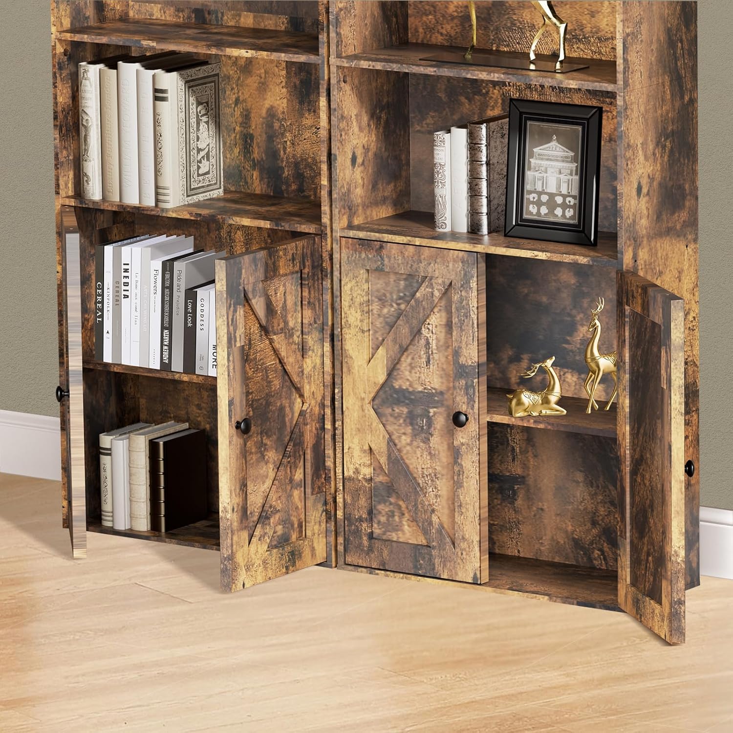 Bookshelf, 6-Tier Floor Bookcase with 2 Bottom Doors, 9.29"x23.62"x70.86", Storage Cabinet Bookshelves for Home Office, Living Room, Bedroom-Brown