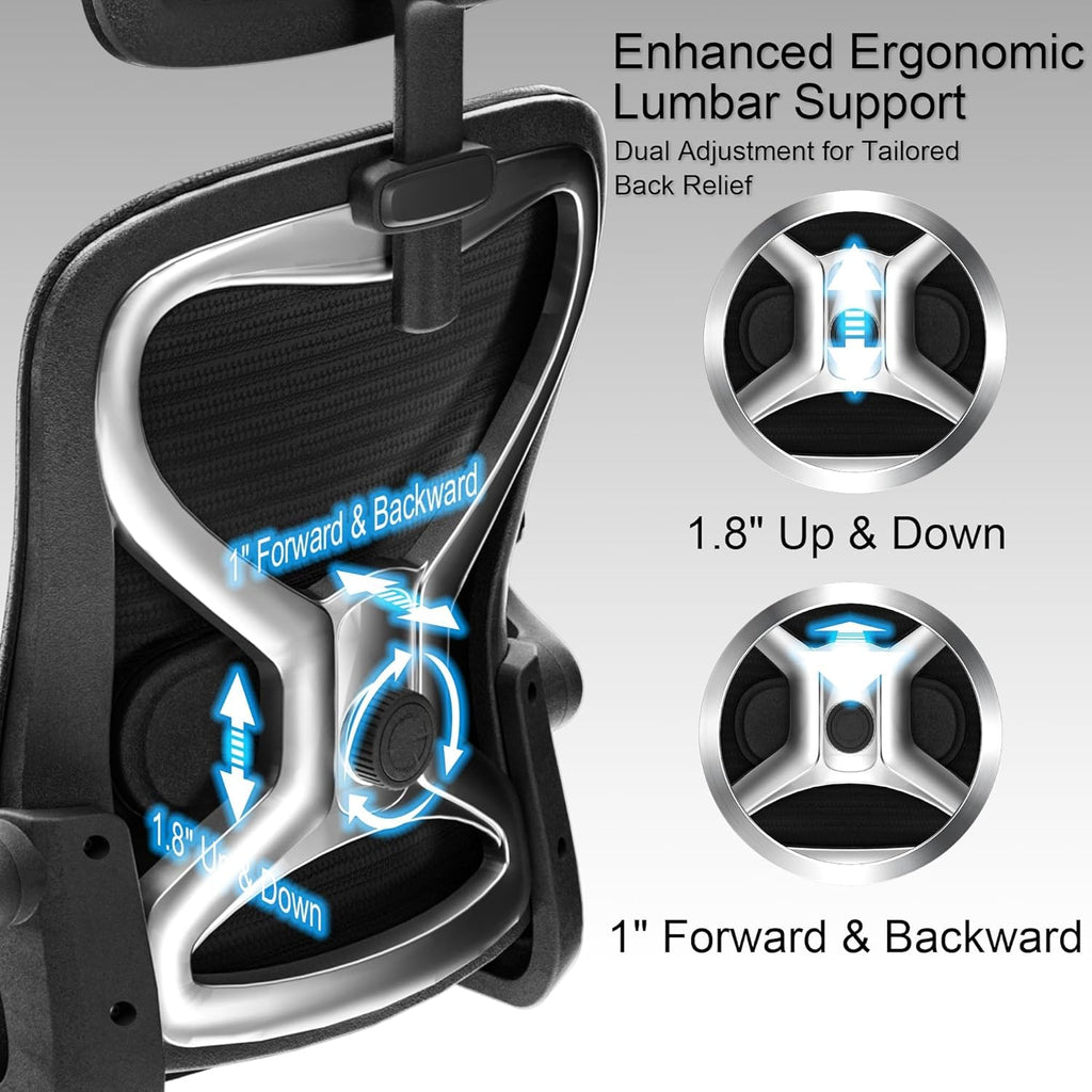 Office Chair for Back & Neck Pain Relief, Virgin Foam Seat, 2D Adjustable Lumbar & 3D Headrest, Flip-Up Armrests, Tilt & Rock for Relaxation, Black/Silver