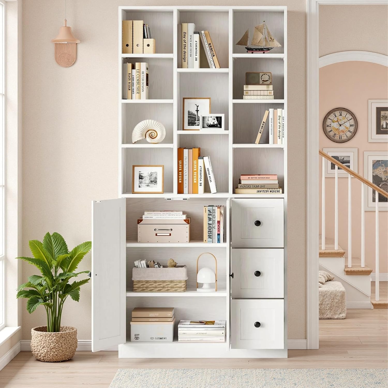IRONCK 71" Tall Bookshelf and Bookcase with Cabinet and 3 Drawers, 7 Tier Bookshelves with Doors and Open Shelves for Living Room, Home Office, White