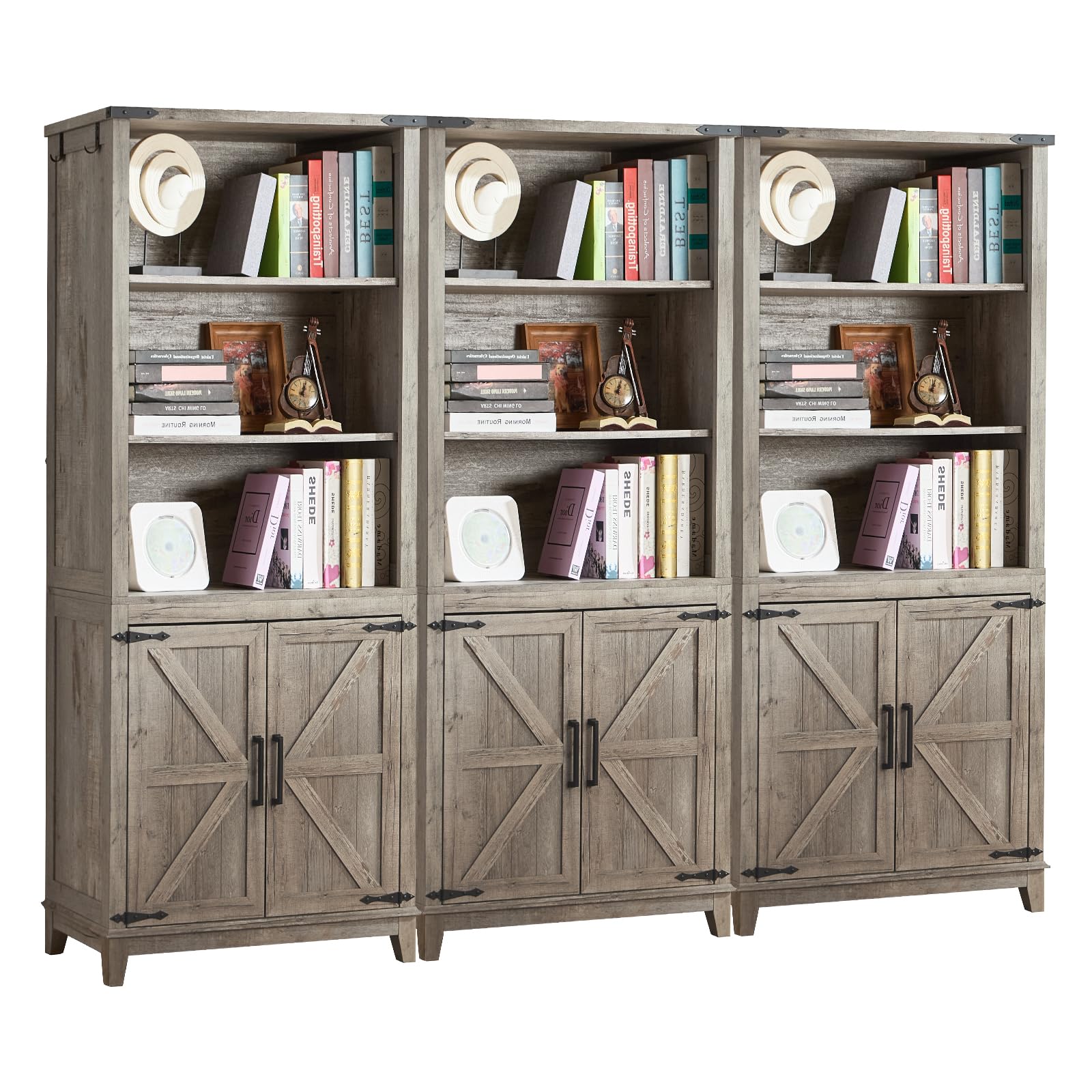 Joaxswe 70in Tall Bookshelf 5 Tier Bookcase with Barn Doors and Adjustable Shelves, Black Farmhouse Book Shelf with Storage Cabinet, Wood Freestanding Display Bookshelves for Bedroom, Living Room