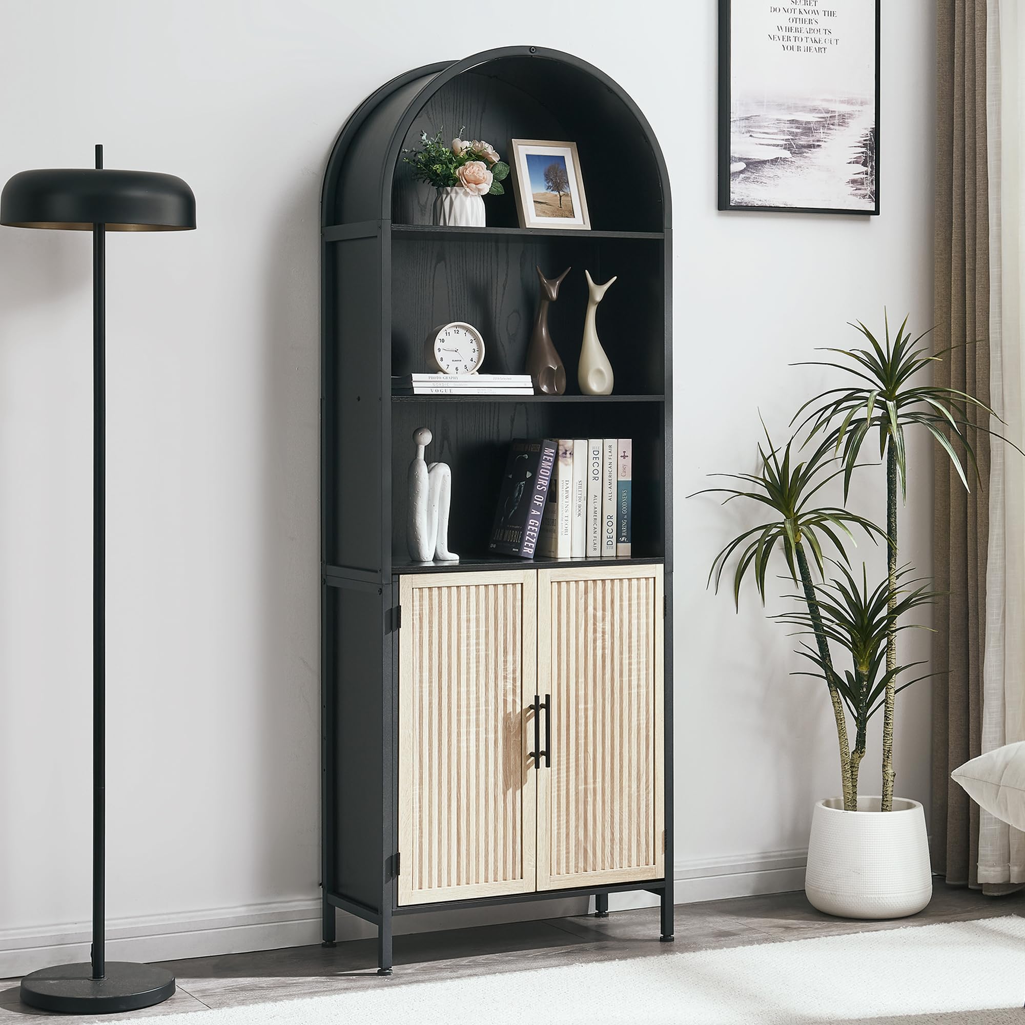 Arched Bookcase Book Shelf with Doors, 5 Tier Display Bookshelf Tall Cabinet with Storage, Industrial Floor Standing Bookshelves Open bookcases for Home Office, Living Room(Black)