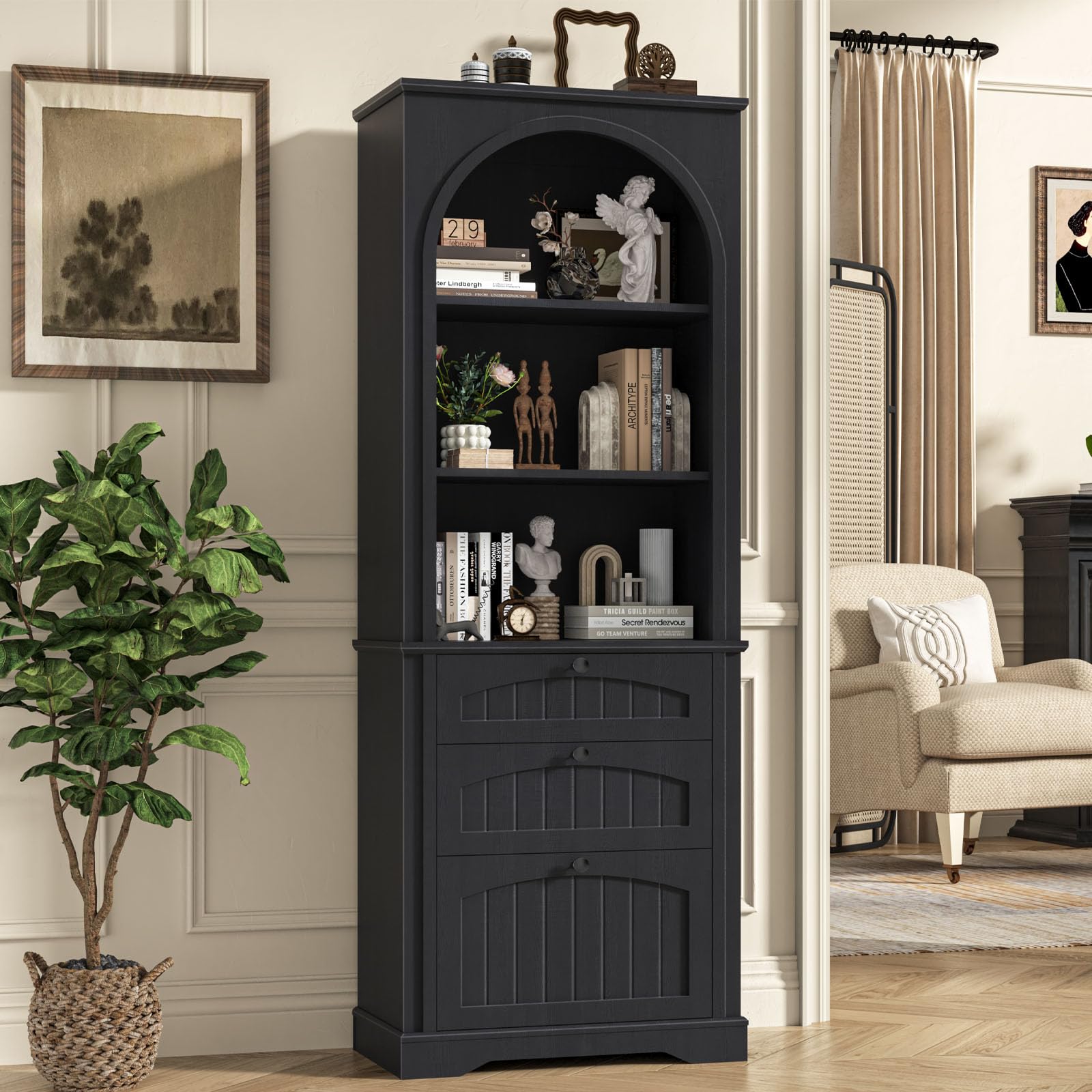 Fluted Bookcase with Doors and Drawer, Modern Farmhouse 70.47'' Tall Narrow Bookshelf with Storage, Wooden Floor Standing 6 Shelf Display Book Shelf Organizer for Home Office, Living Room, Oak