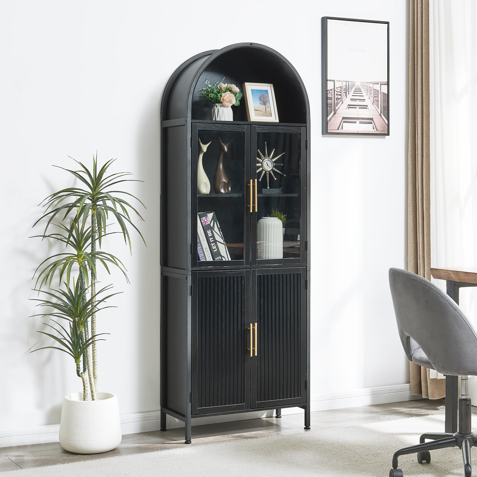 Arched Bookcase Book Shelf with Doors, 5 Tier Display Bookshelf Tall Cabinet with Storage, Industrial Floor Standing Bookshelves Open bookcases for Home Office, Living Room(Black)