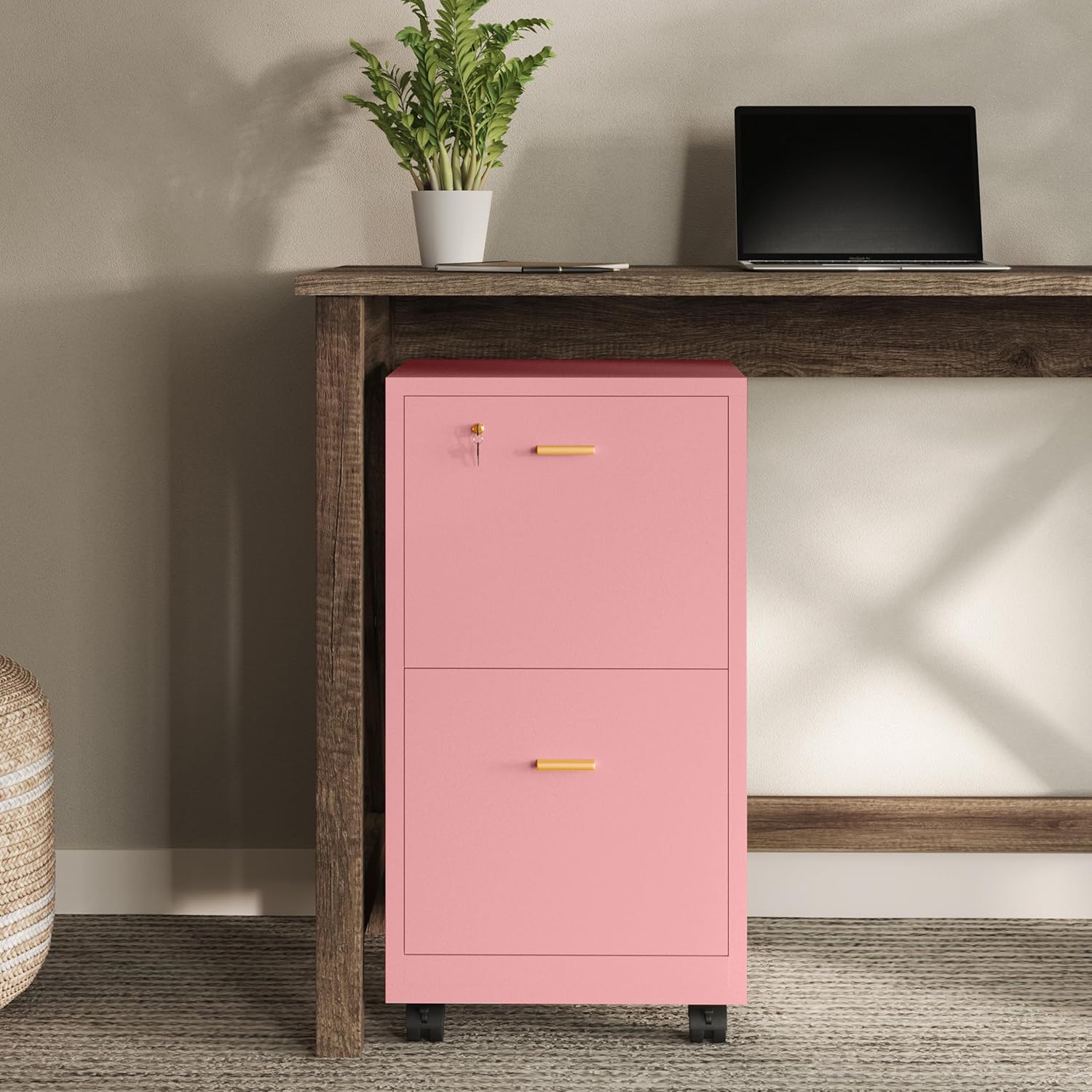 Lavish Home 2 Drawer File Cabinet - Filing Cabinet with Lock - Rolling File Cabinet for Under Desk Storage - Wood Filing Cabinet for Home or Office Organization (Pink)