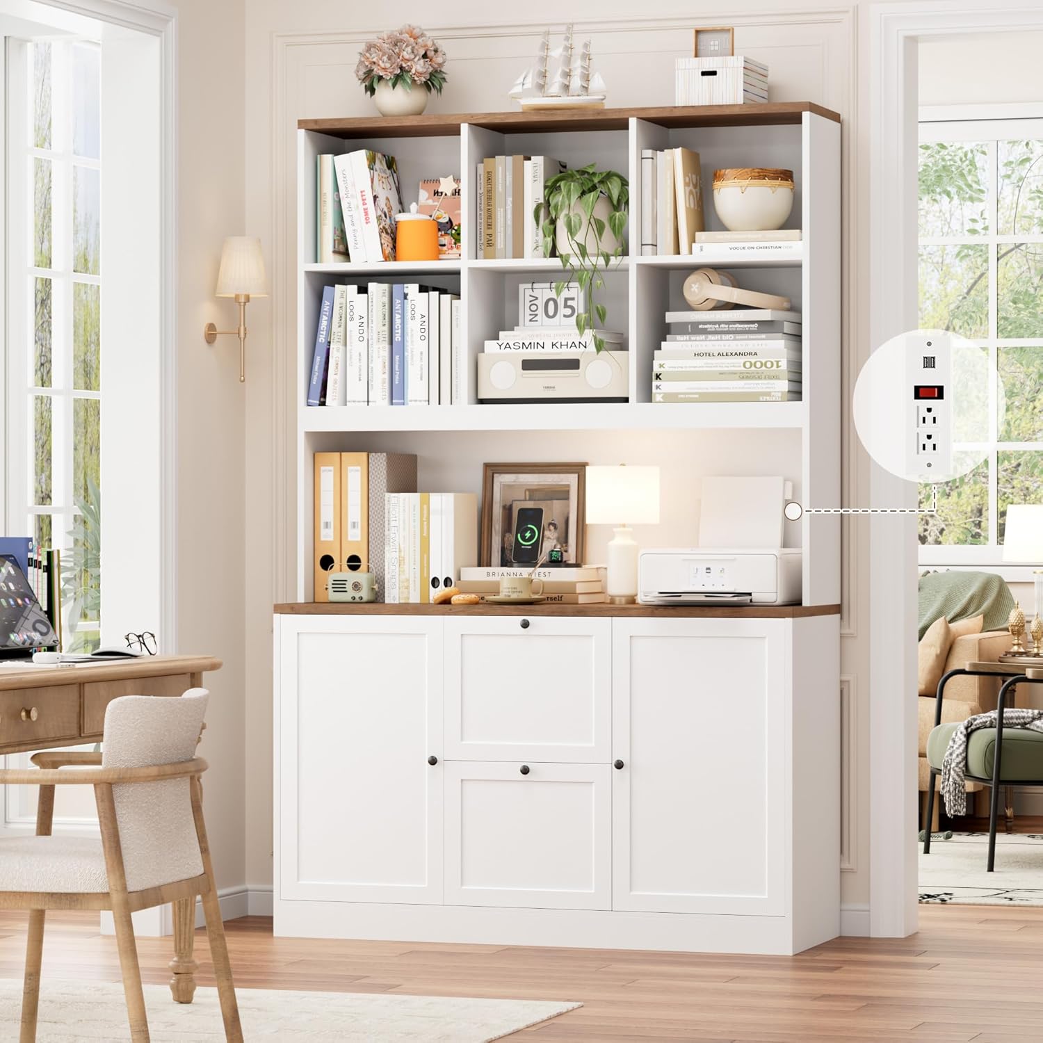 HIFIT 72'' Tall File Bookcase with Power Outlet & Printer Stand, 2 Drawer Filing Cabinets for Home Office Fit Hanging A4 File, Storage Cabinet w/ 3 Tier Open Book Shelf & Doors for Living Room, White