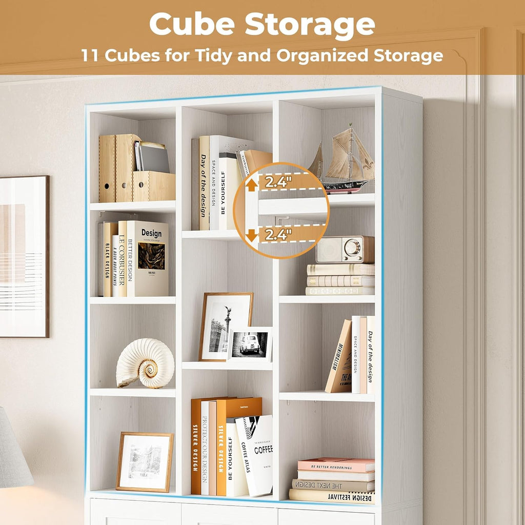 IRONCK 71" Tall Bookshelf and Bookcase with Cabinet and 3 Drawers, 7 Tier Bookshelves with Doors and Open Shelves for Living Room, Home Office, White