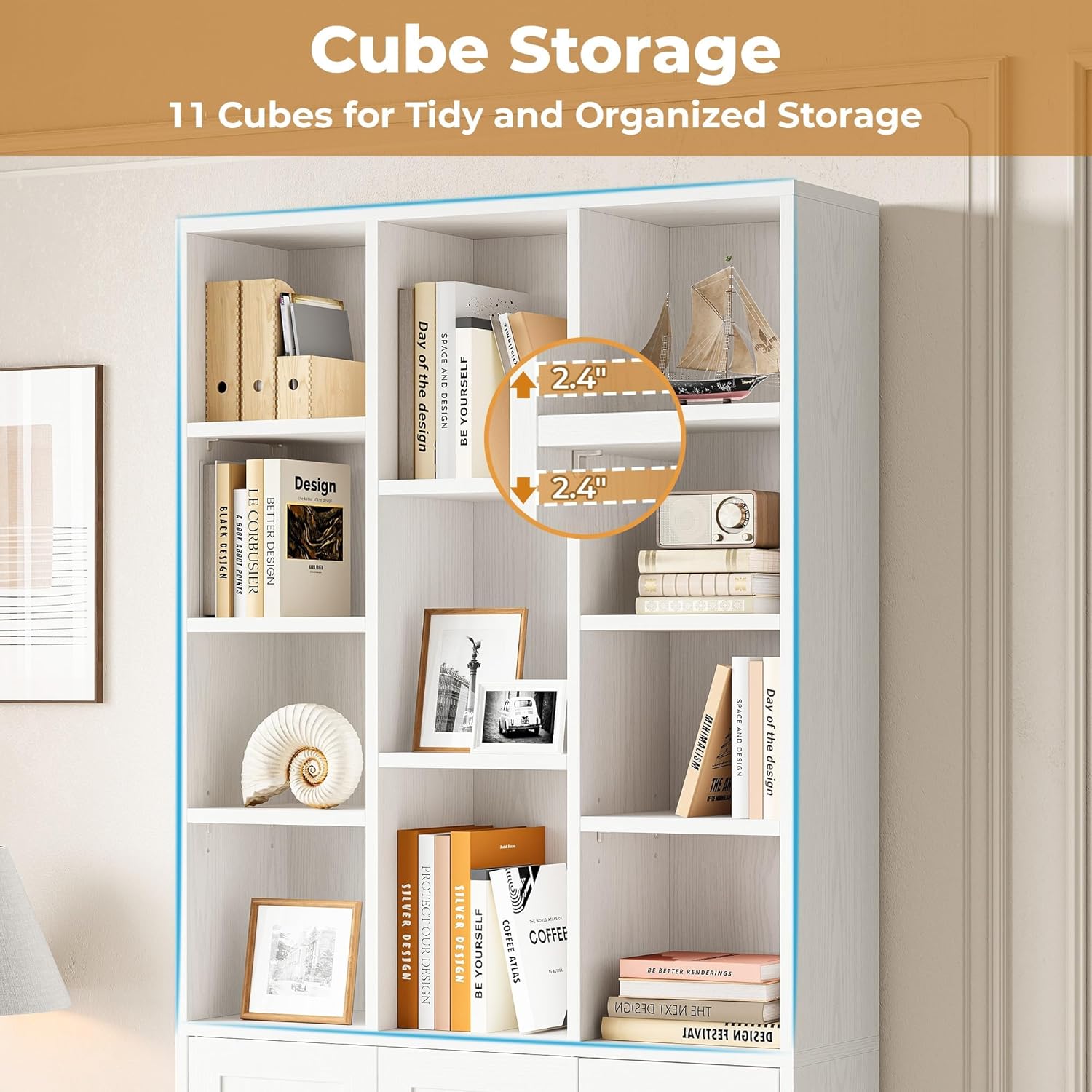 IRONCK 71" Tall Bookshelf and Bookcase with Cabinet and 3 Drawers, 7 Tier Bookshelves with Doors and Open Shelves for Living Room, Home Office, White