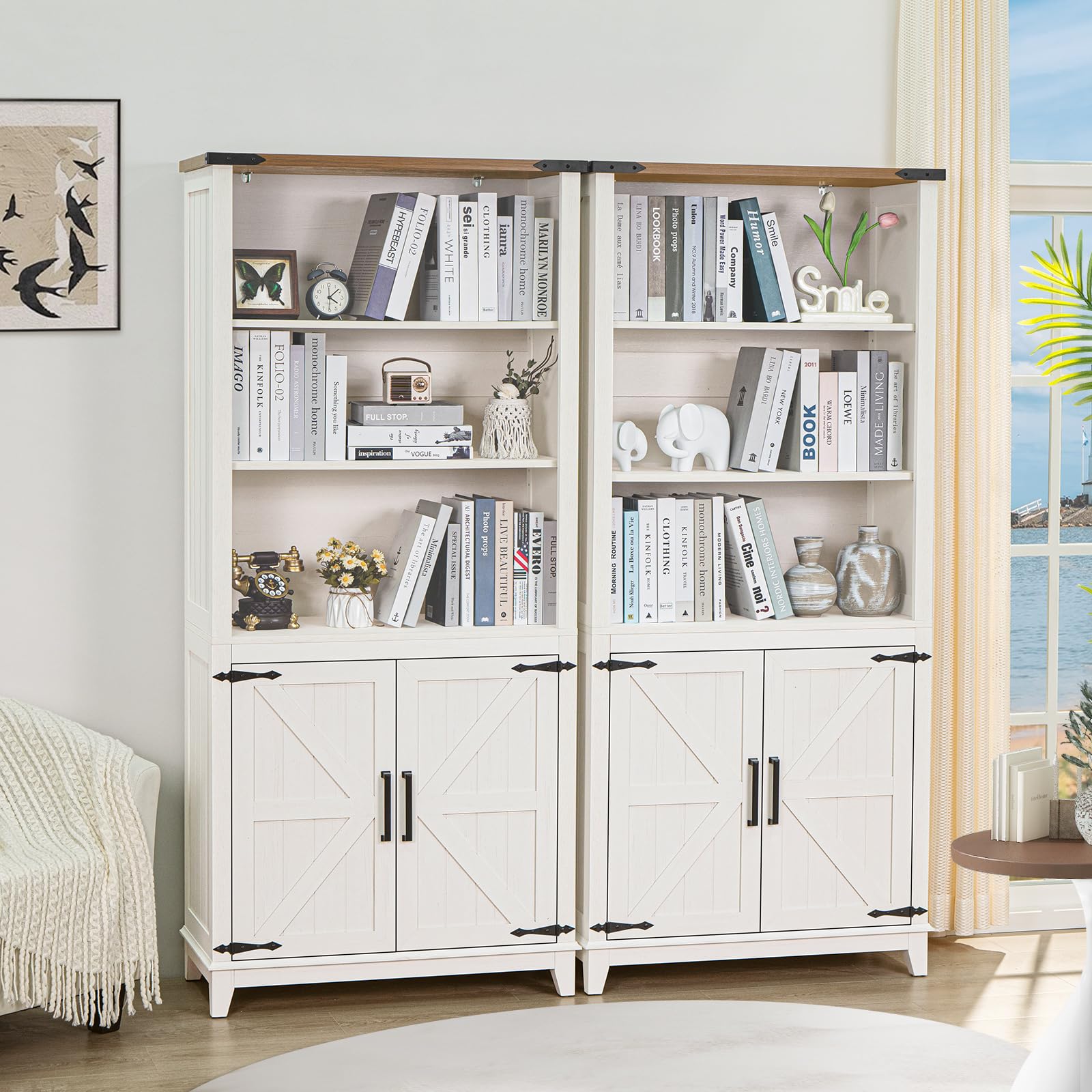 Joaxswe 70in Tall Bookshelf 5 Tier Bookcase with Barn Doors and Adjustable Shelves, Black Farmhouse Book Shelf with Storage Cabinet, Wood Freestanding Display Bookshelves for Bedroom, Living Room