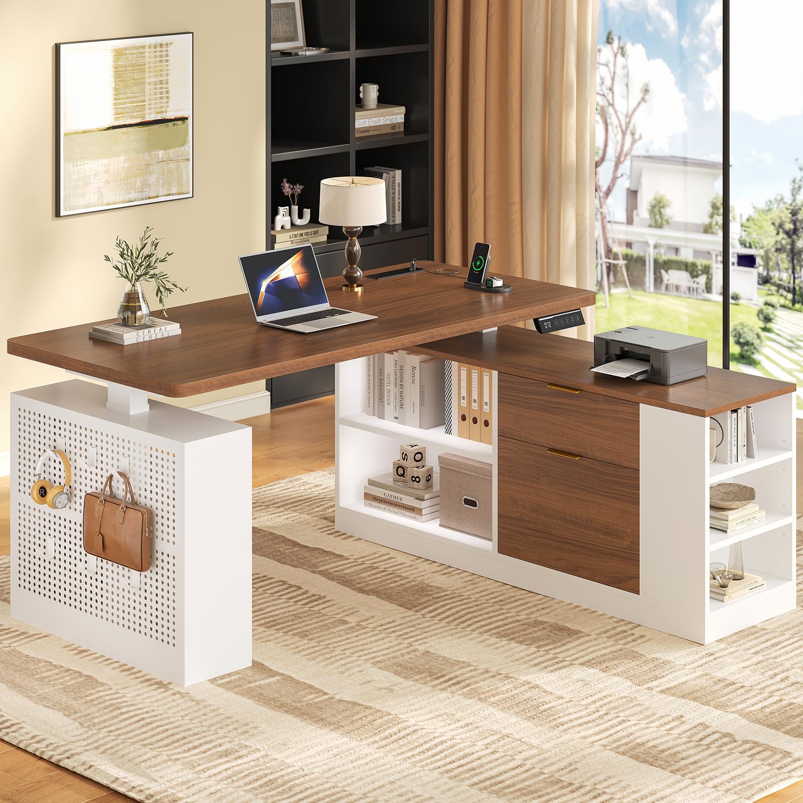 UPOSOJA L Shaped Standing Desk Adjustable Height, 53" Electric Office Desk with File Drawers & Storage Shelves, Sit Stand Corner Computer Desk with Power Outlets, Pegboard, 6 Hooks, Black & Walnut