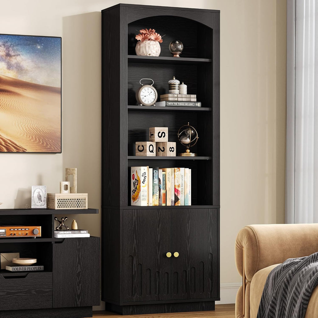 IRONCK Book Shelf and Bookcases with Doors Floor Standing 6 Shelf Display Storage Shelves, 70.8" Tall Bookcase for Home Office, Living Room, Mid-Century Modern, Black