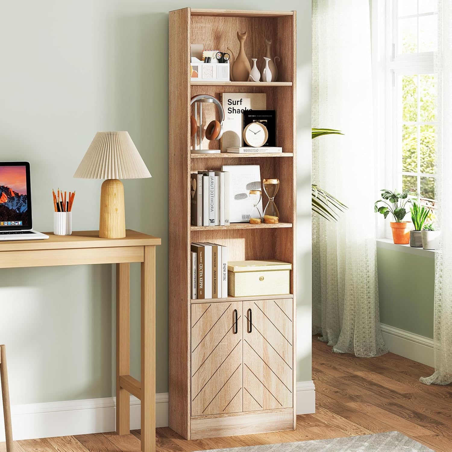 Giantex 6-Tier Bookshelf with Double Doors, 71" Tall Bookcase with 4 Open Cubes & 3 Adjustable Shelves, Mid Century Display Cabinet, Modern Floor Storage Organizer for Living Room, Study, Oak