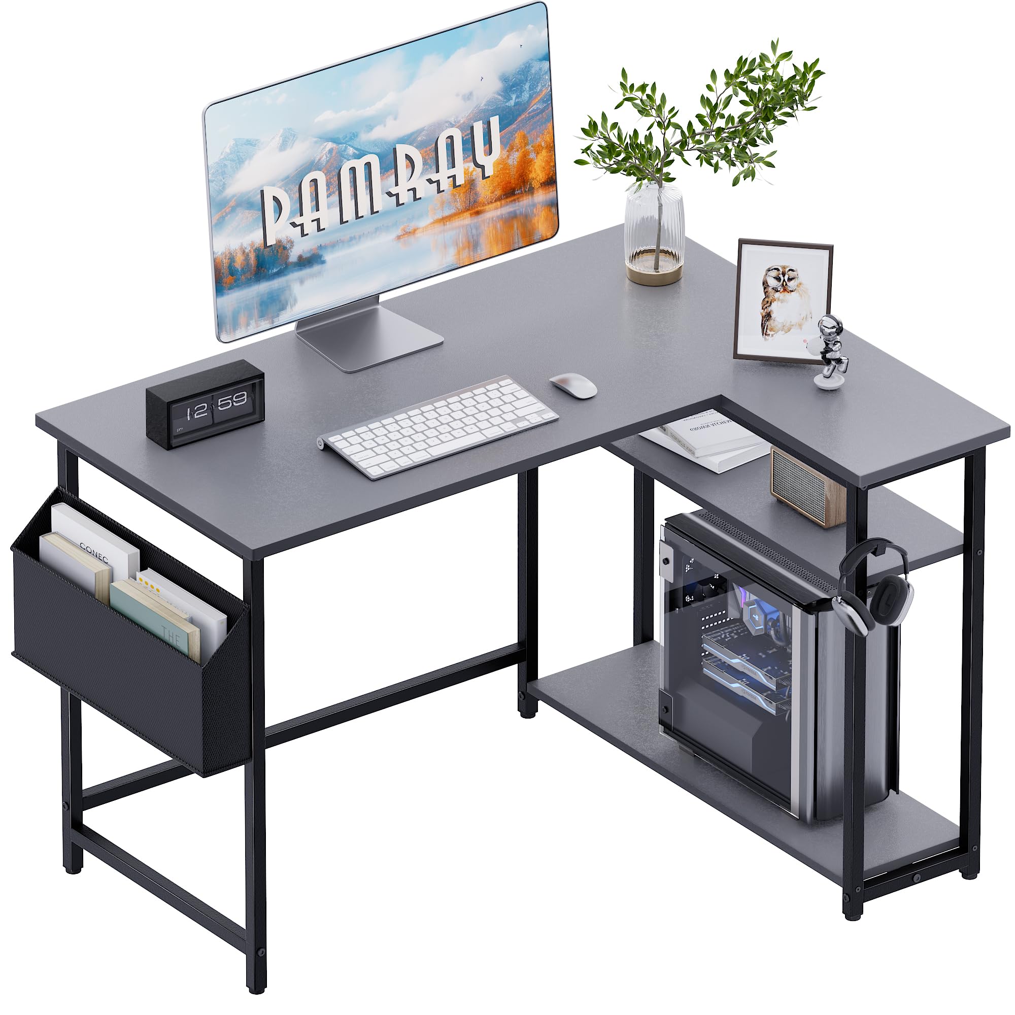 Pamray 43 Inch L Shaped Computer Desk with Reversible Side Storage Shelves, Small Corner Desk for Small Space Home Office,Writing Study Table Gaming PC Desk for Bedroom,Black