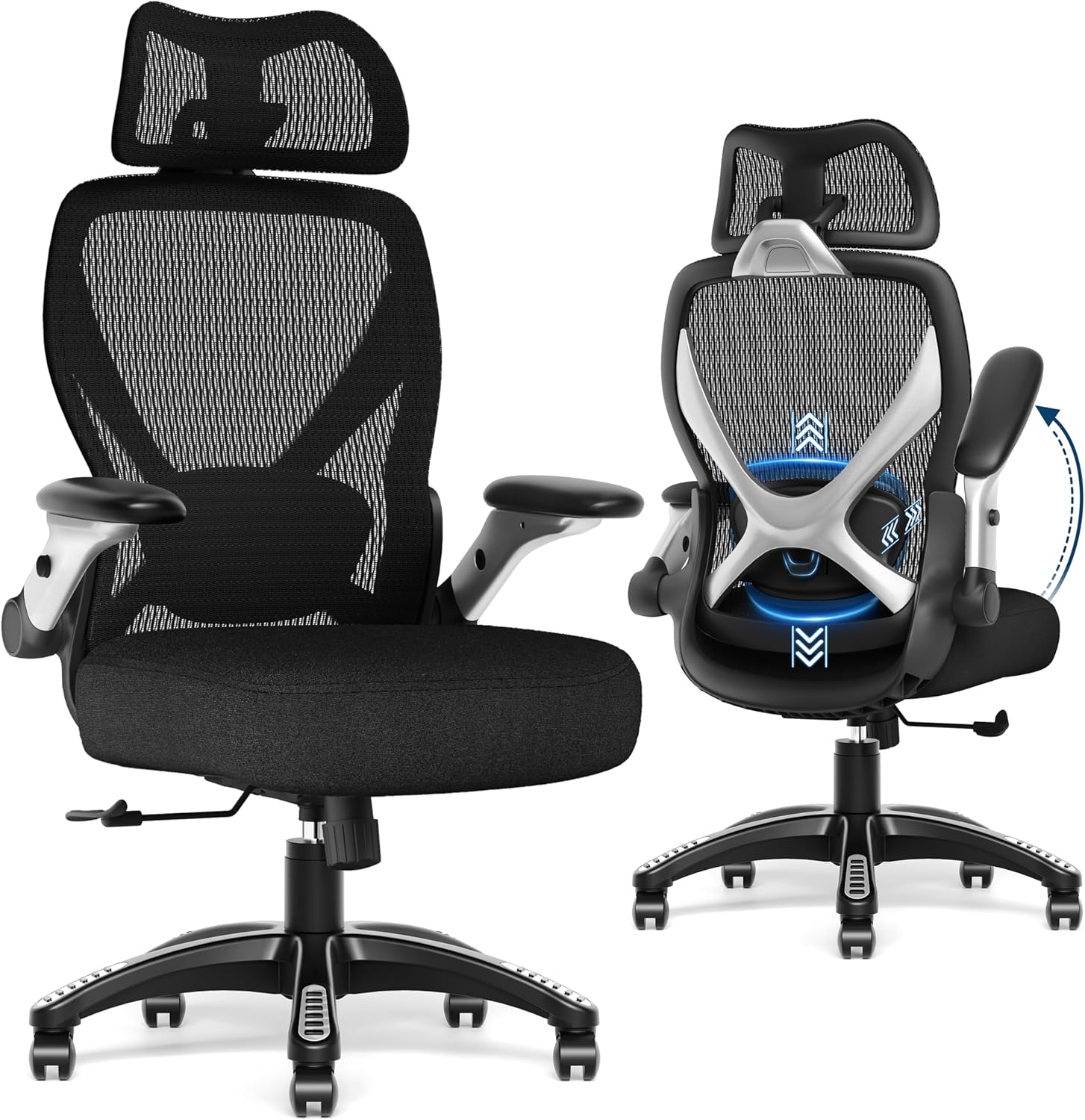 GABRYLLY Ergonomic Office Chair, Big and Tall Mesh Chair with Adjustable Lumbar Support, 5D Arms & Wide Seat, 135° Recline Home Desk Computer Chairs for Work Gaming, Heavy Duty,400LBS - Black