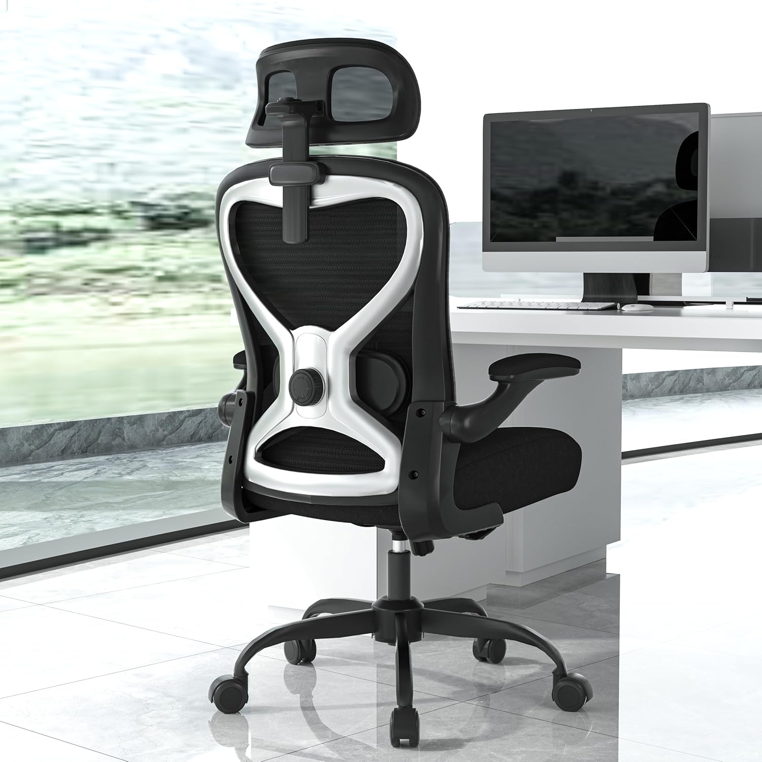 Office Chair for Back & Neck Pain Relief, Virgin Foam Seat, 2D Adjustable Lumbar & 3D Headrest, Flip-Up Armrests, Tilt & Rock for Relaxation, Black/Silver