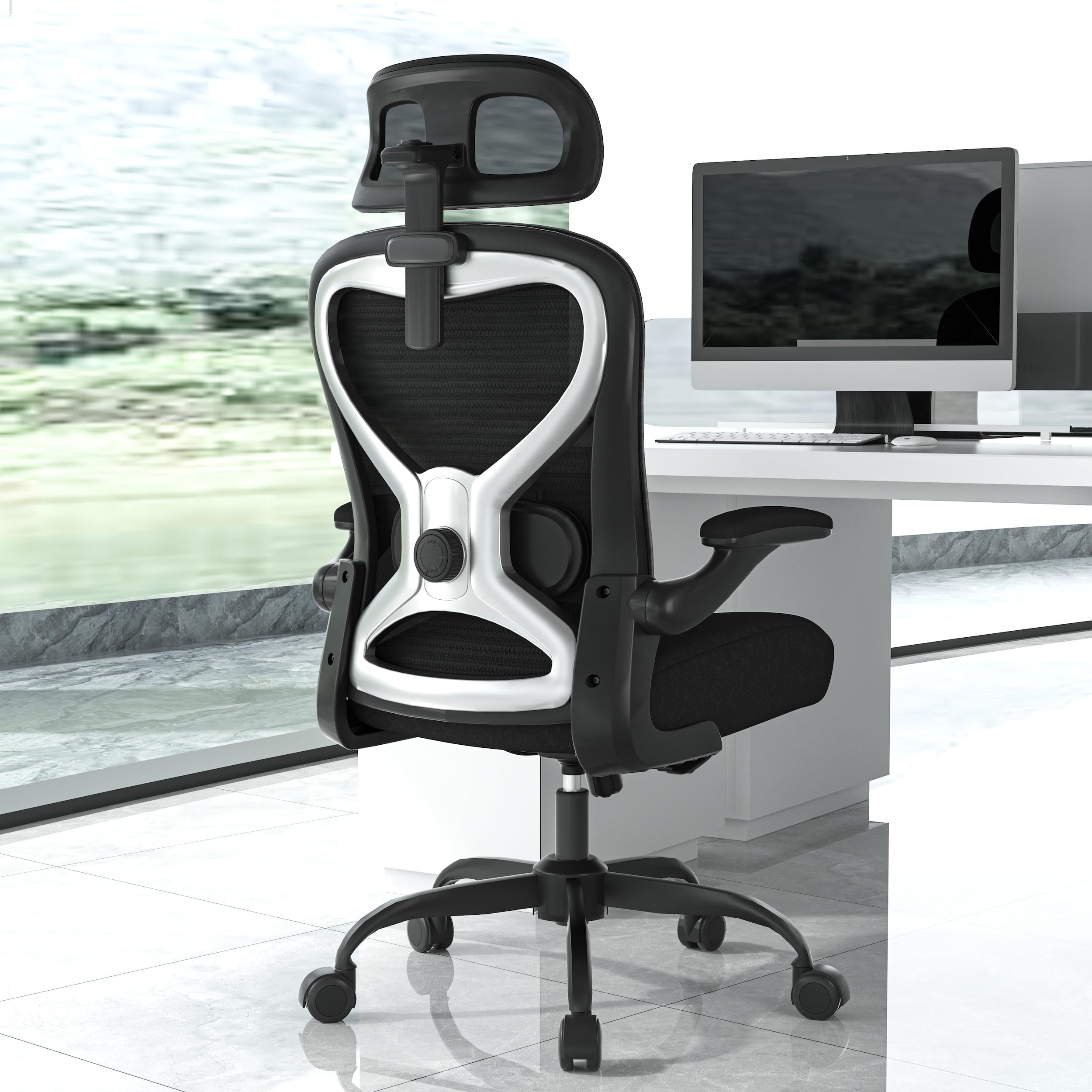 Office Chair for Back & Neck Pain Relief, Virgin Foam Seat, 2D Adjustable Lumbar & 3D Headrest, Flip-Up Armrests, Tilt & Rock for Relaxation, Black/Silver