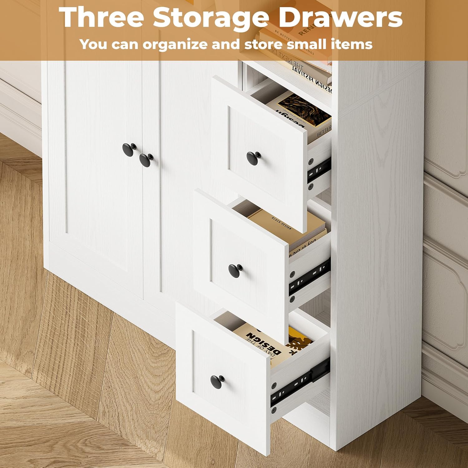 IRONCK 71" Tall Bookshelf and Bookcase with Cabinet and 3 Drawers, 7 Tier Bookshelves with Doors and Open Shelves for Living Room, Home Office, White