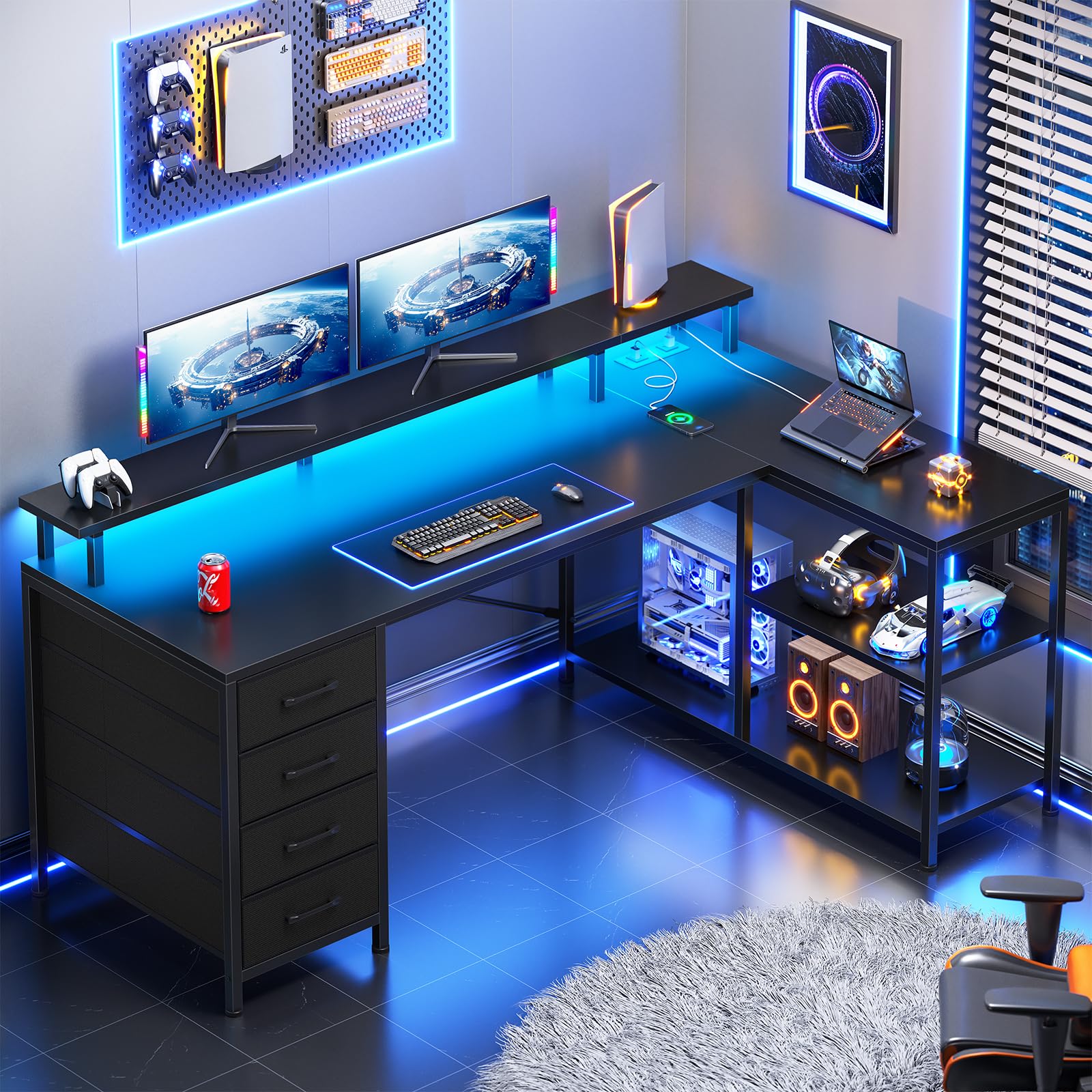 SEDETA L Shaped Desk with 4 Drawers and Storage Shelves, L Shaped Gaming Desk with LED Lights & Power Outlets, Computer Desk with Shelves & Drawer, Corner Desk Home Office Desk, Rustic Brown