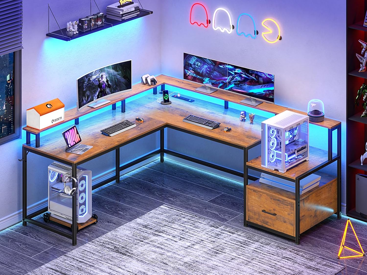SEDETA L Shaped Office Desk, 66" Corner L Shaped Computer Desk with Wood File Drawer & Power Outlet for Home Office, Gaming Table with Led Lights, Monitor Shelf, Printer Storage Shelves, Rustic Brown