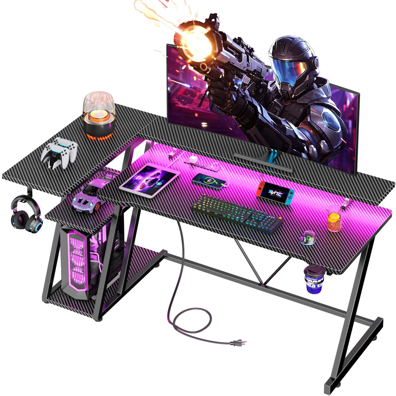 Korfile 40 Inch Gaming Desk with Power Outlet & LED Lights, L Shaped Computer Gaming Table with 3 Tiers Storage Shelves, Corner Gamer Desk with Monitor Stand for Small Space, Carbon Fiber Black