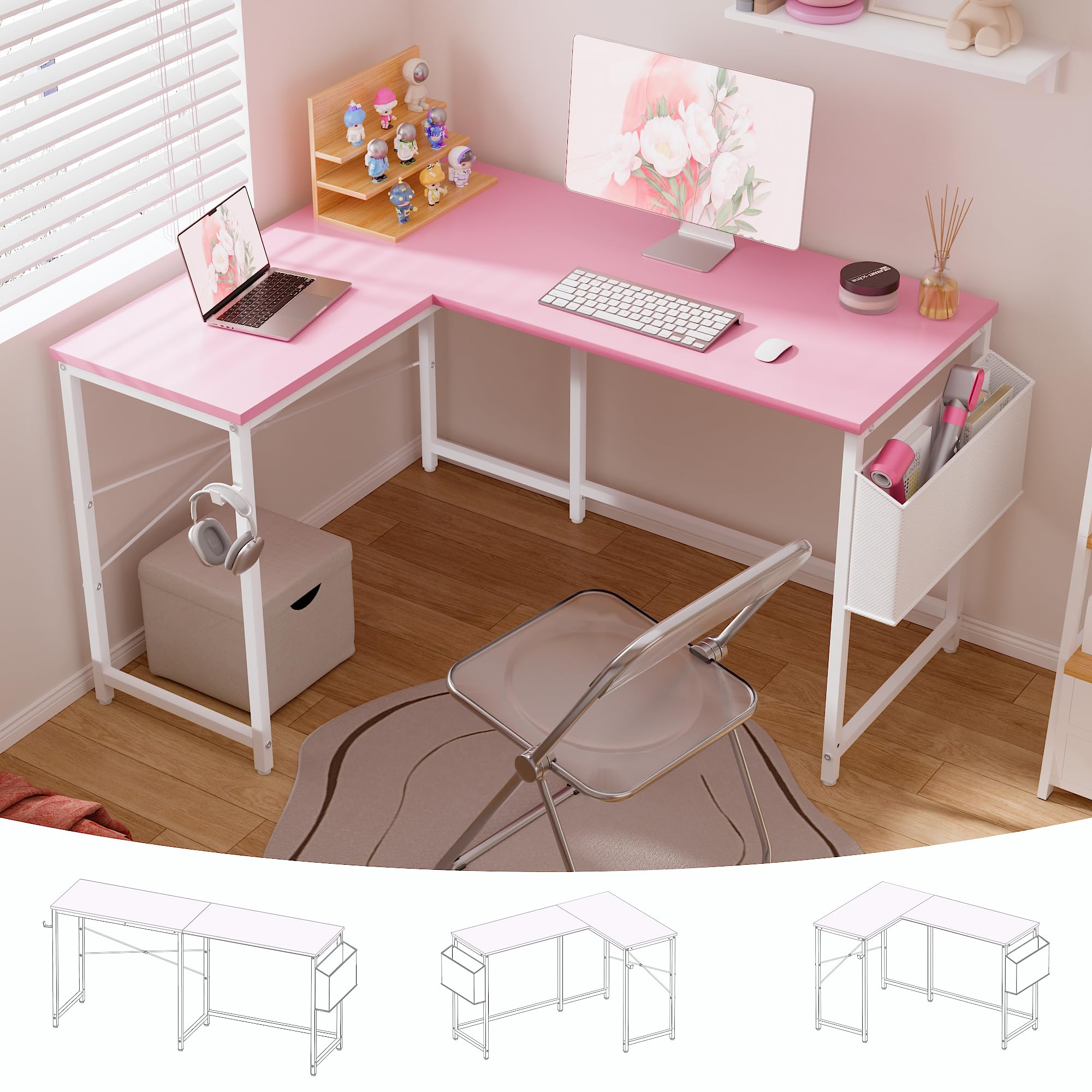 Pamray 64.5 Inch Reversible L Shaped Gaming Desk Large Corner Computer Desk with Storage Bag Home Office Table for Writing Study White