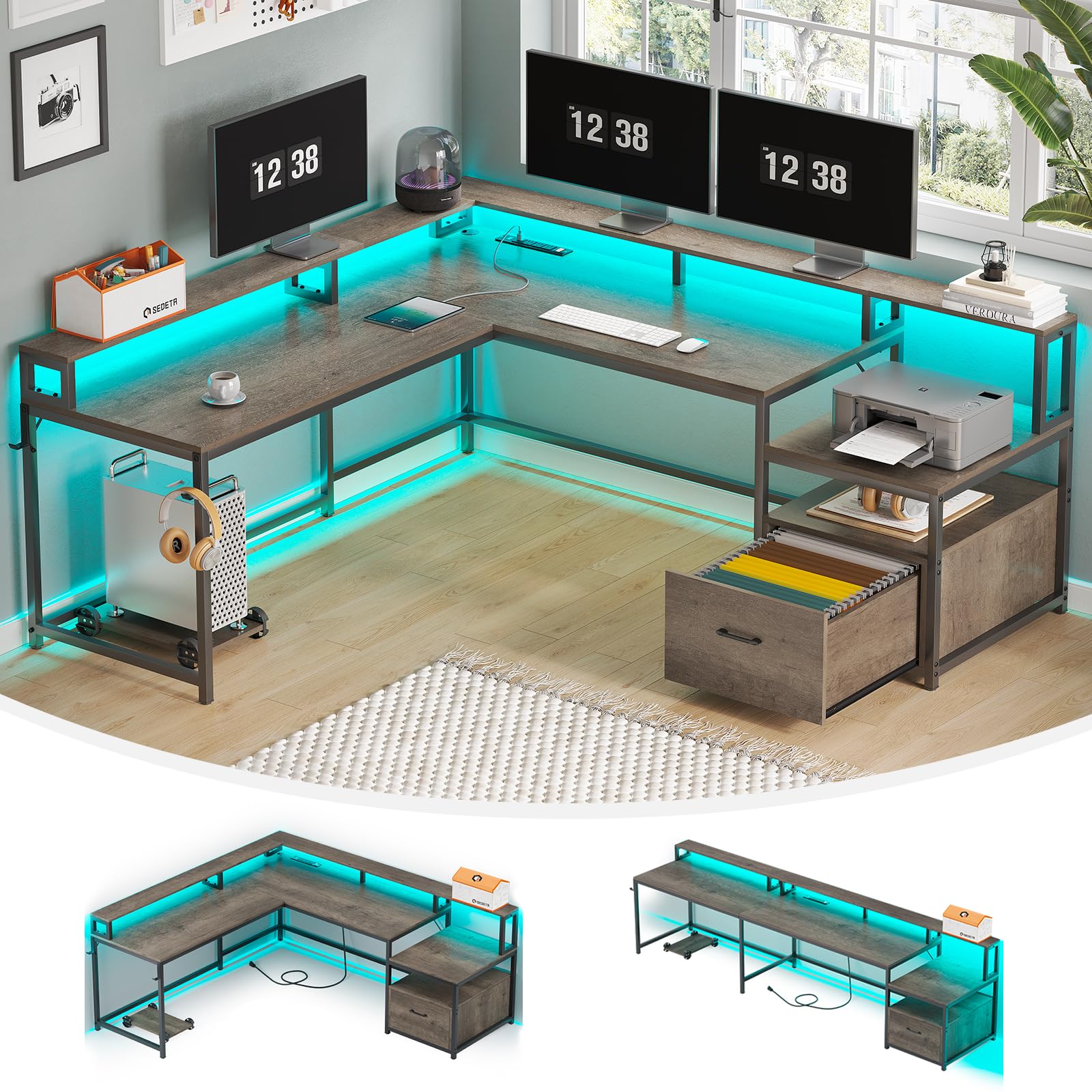 SEDETA L Shaped Office Desk, 66" Corner L Shaped Computer Desk with Wood File Drawer & Power Outlet for Home Office, Gaming Table with Led Lights, Monitor Shelf, Printer Storage Shelves, Rustic Brown