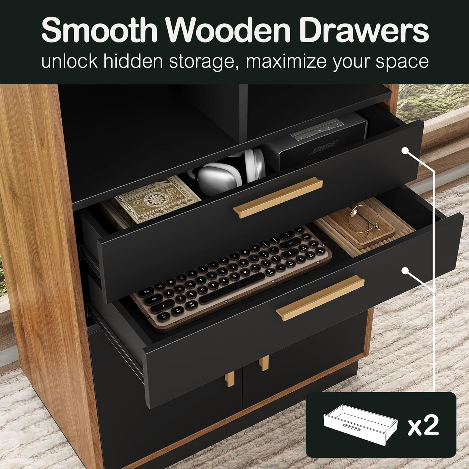 ModernMate Wood Bookcase with 2 Drawers and Doors, 8 Storage Cubes, 73.3" Tall Bookshelf, Modern Bookcases, Wooden Bookshelves for Home and Office, Living Room, Study, Black Walnut