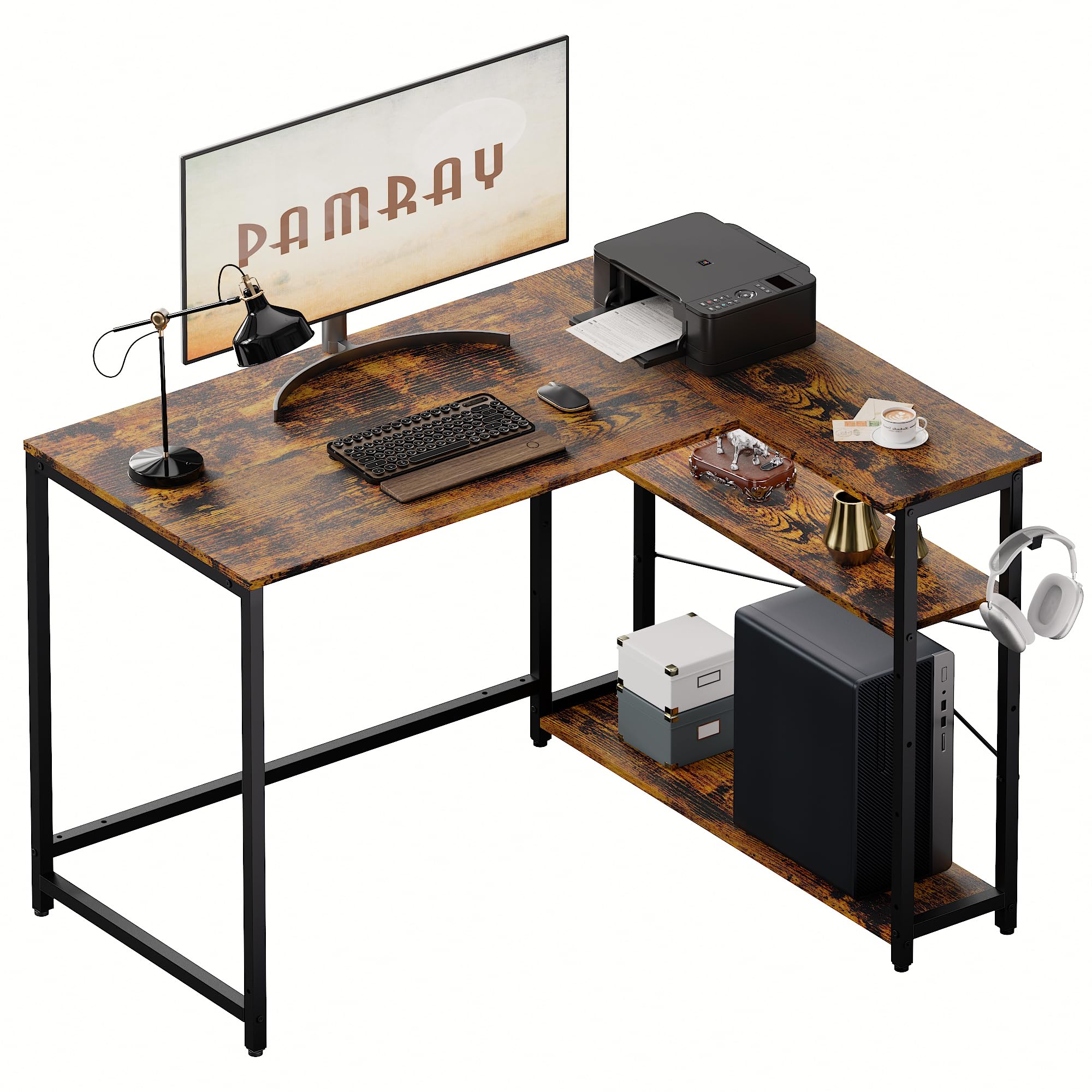 Pamray 43 Inch L Shaped Computer Desk with Reversible Side Storage Shelves, Small Corner Desk for Small Space Home Office,Writing Study Table Gaming PC Desk for Bedroom,Black