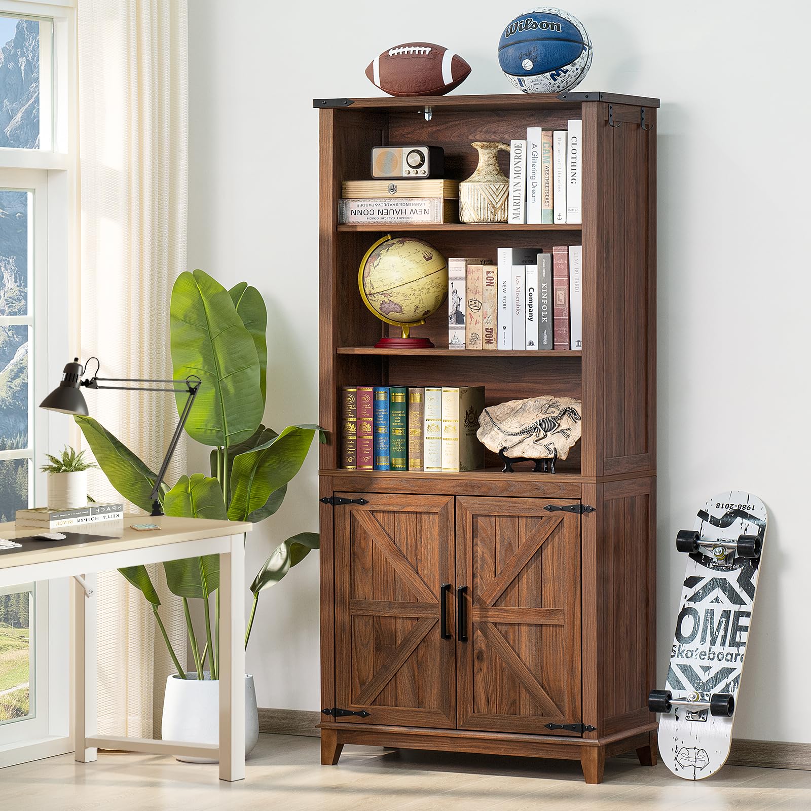 Joaxswe 70in Tall Bookshelf 5 Tier Bookcase with Barn Doors and Adjustable Shelves, Black Farmhouse Book Shelf with Storage Cabinet, Wood Freestanding Display Bookshelves for Bedroom, Living Room