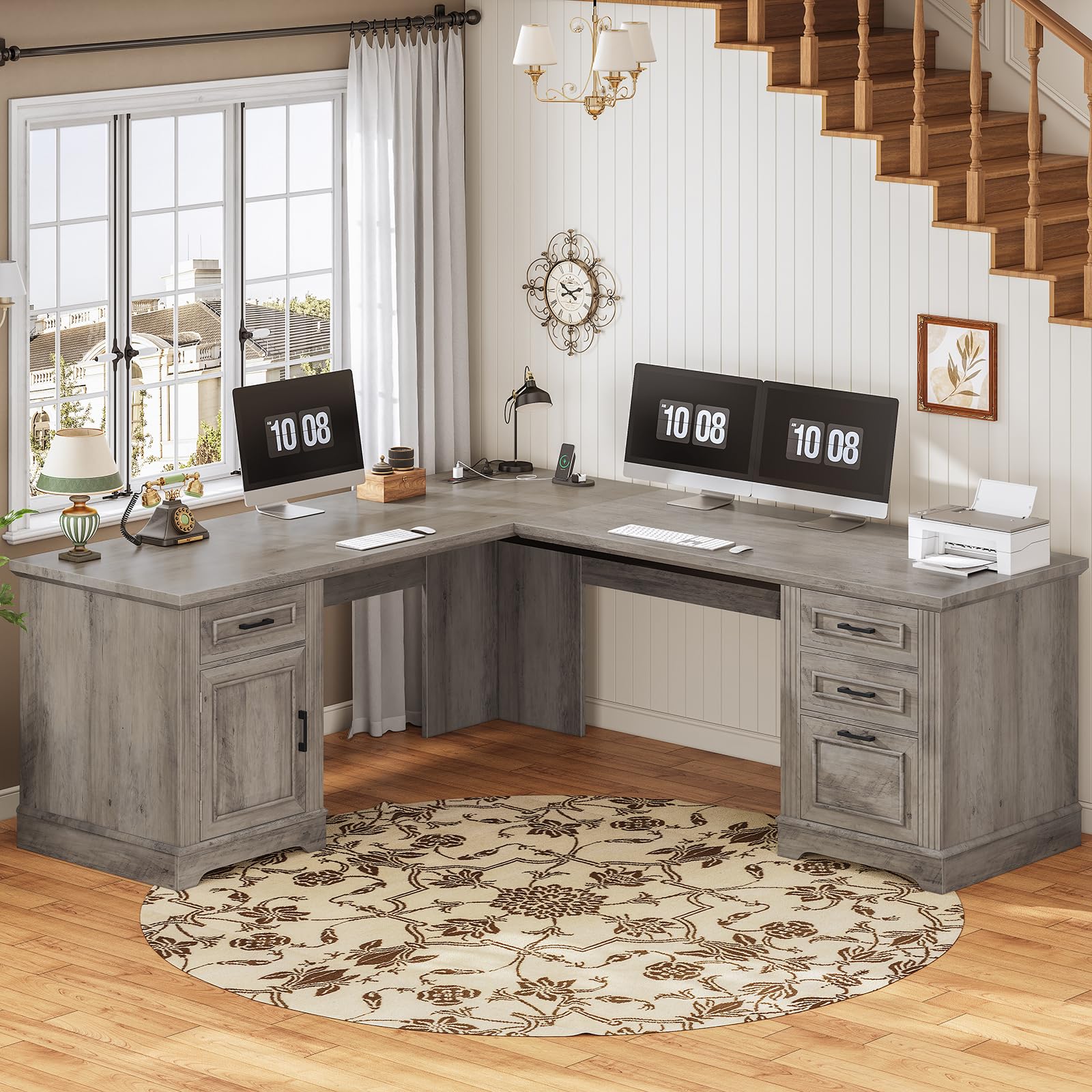 SEDETA 69" L Shaped Desk with Drawers and Storage, Farmhouse Computer Desk with File Drawers and Power Outlet, Corner Executive Desk with Storage Cabinet for Home Office, Grey