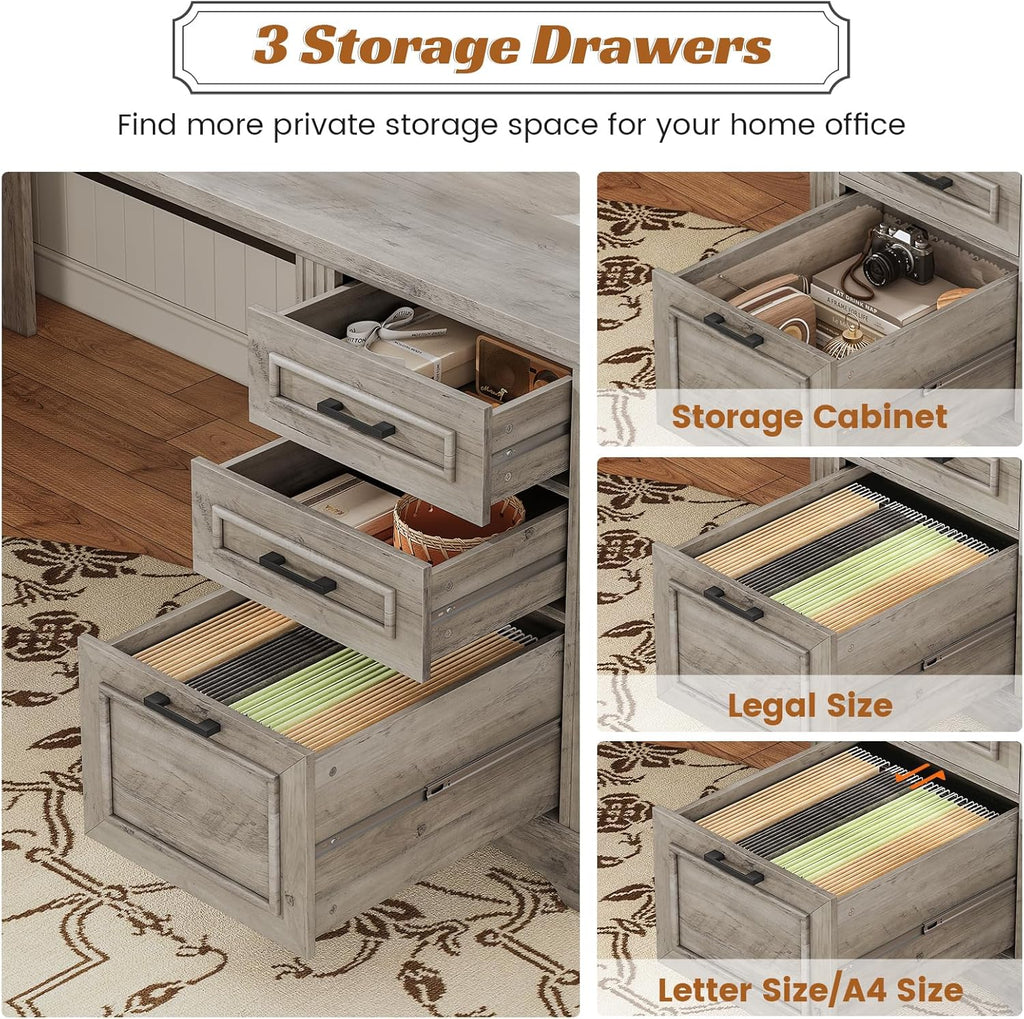 SEDETA 69" L Shaped Desk with Drawers and Storage, Farmhouse Computer Desk with File Drawers and Power Outlet, Corner Executive Desk with Storage Cabinet for Home Office, Grey