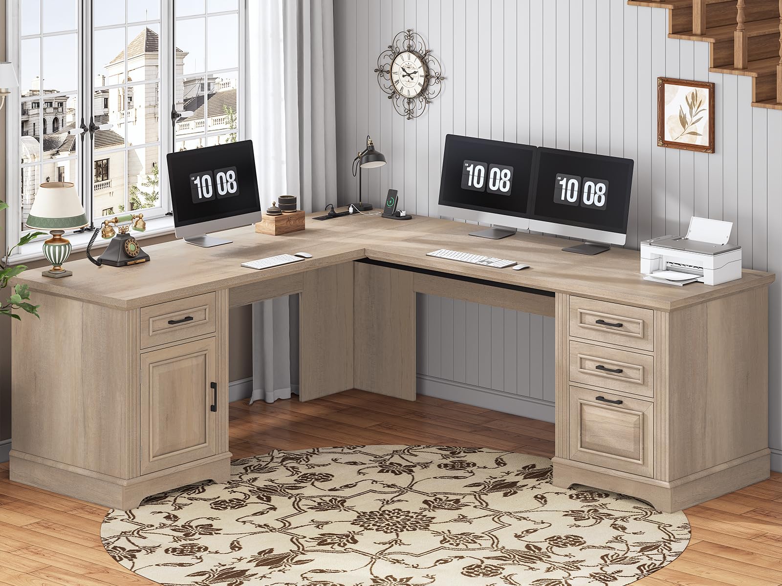 SEDETA 69" L Shaped Desk with Drawers and Storage, Farmhouse Computer Desk with File Drawers and Power Outlet, Corner Executive Desk with Storage Cabinet for Home Office, Grey