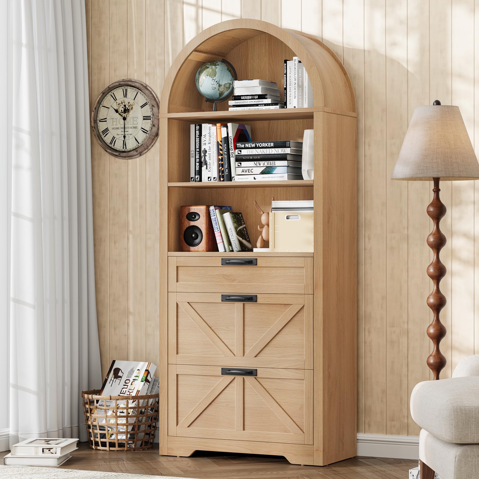 Fluted Bookcase with Doors and Drawer, Modern Farmhouse 70.47'' Tall Narrow Bookshelf with Storage, Wooden Floor Standing 6 Shelf Display Book Shelf Organizer for Home Office, Living Room, Oak