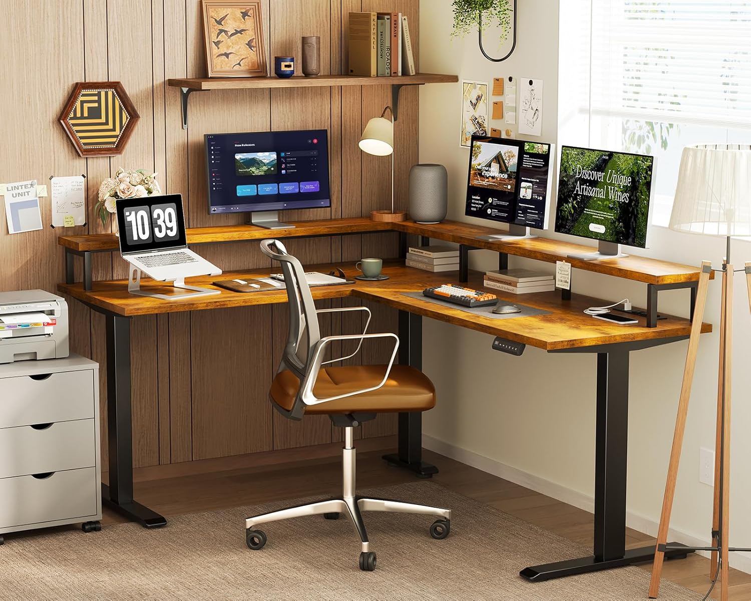 AODK Electric L Shaped Standing Desk, 59 Inch Height Adjustable Stand Up Desk with Power Outlets ＆ Full Monitor Stand, Reversible Corner Desk for Home Office ＆ Computer Workstation, Rustic Brown