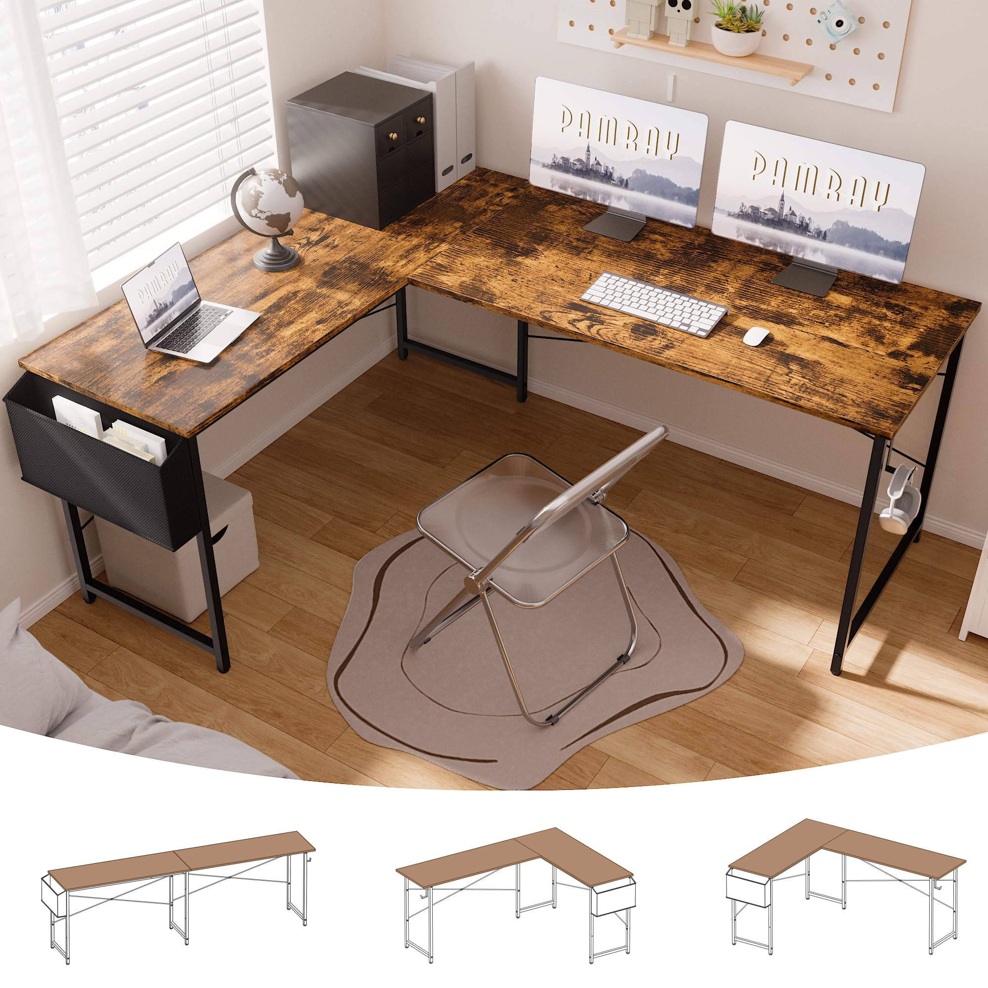 Pamray 64.5 Inch Reversible L Shaped Gaming Desk Large Corner Computer Desk with Storage Bag Home Office Table for Writing Study White